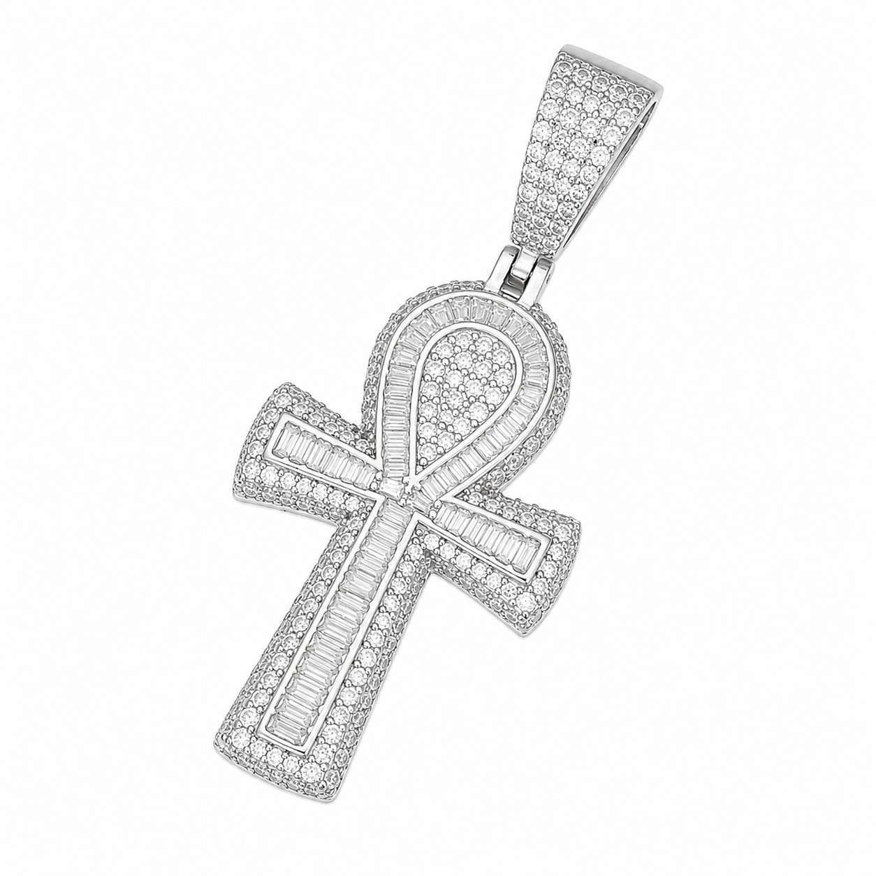 Baguette Moissanite Ankh Cross Pendant  14K Gold Plated Over 925 Sterling Silver