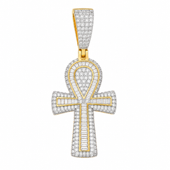 Baguette Moissanite Ankh Cross Pendant  14K Gold Plated Over 925 Sterling Silver