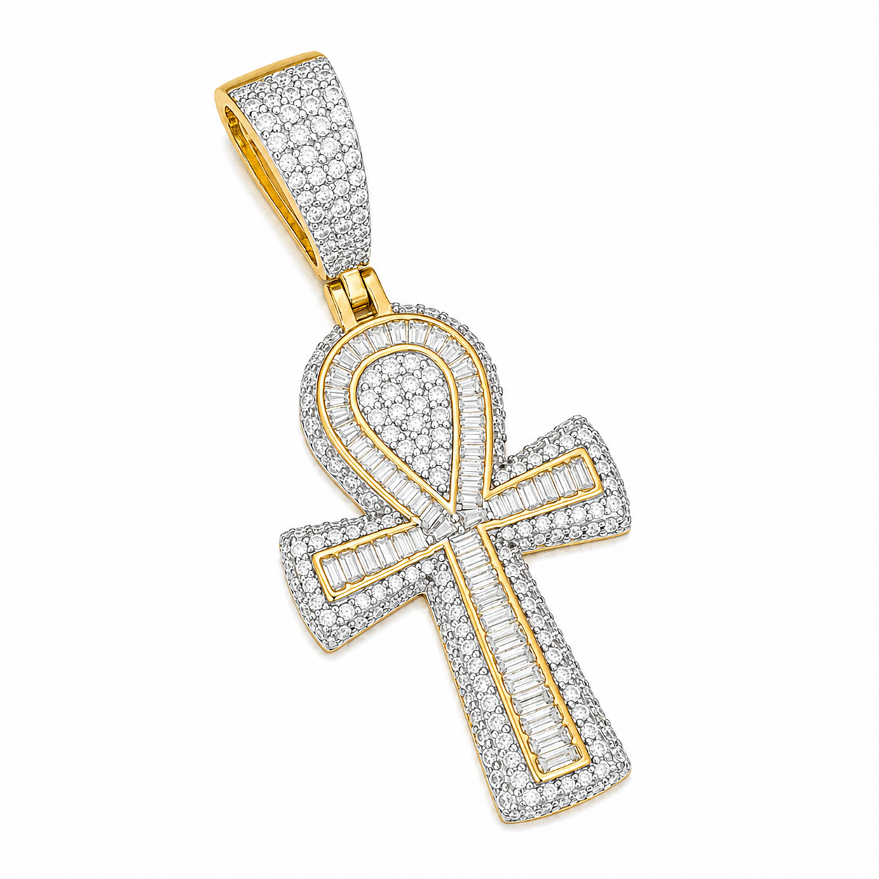 Baguette Moissanite Ankh Cross Pendant  14K Gold Plated Over 925 Sterling Silver