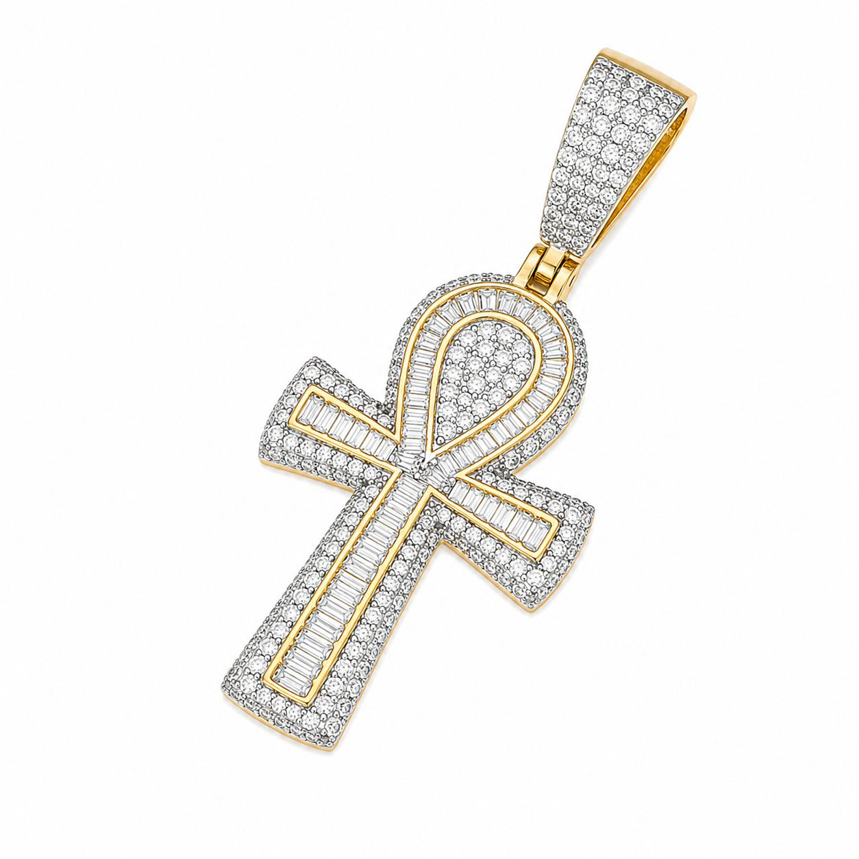 Baguette Moissanite Ankh Cross Pendant  14K Gold Plated Over 925 Sterling Silver