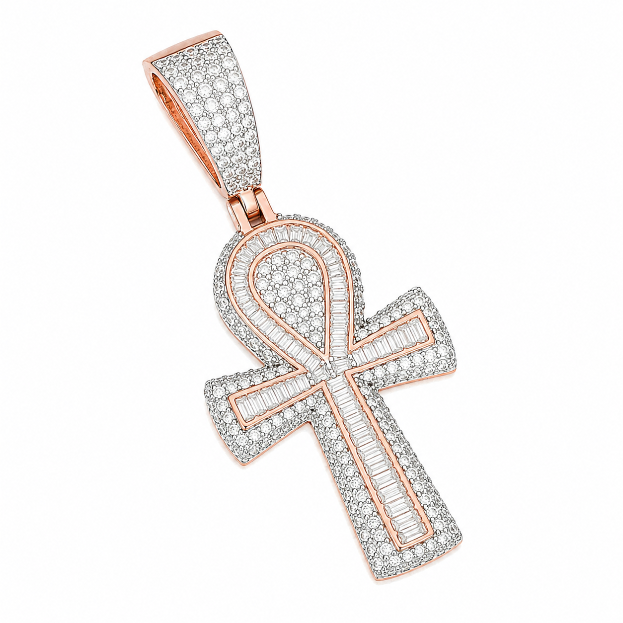 Baguette Moissanite Ankh Cross Pendant  14K Gold Plated Over 925 Sterling Silver
