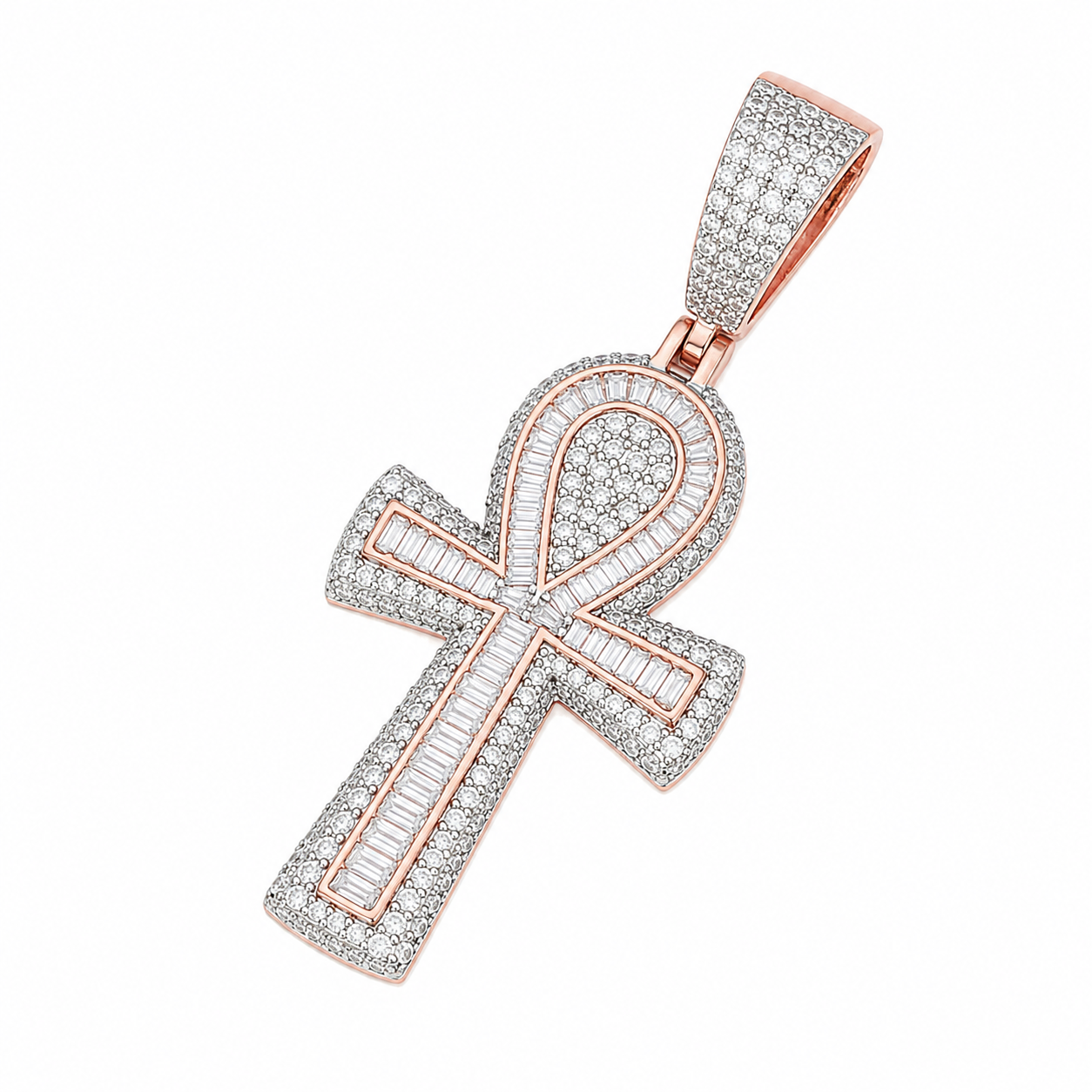 Baguette Moissanite Ankh Cross Pendant  14K Gold Plated Over 925 Sterling Silver