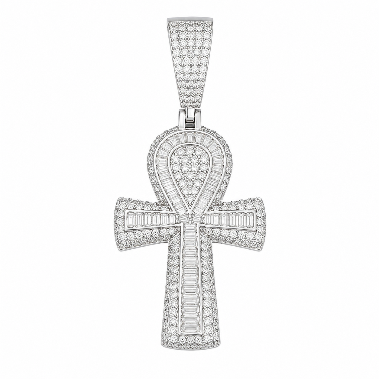 Baguette Moissanite Ankh Cross Pendant  14K Gold Plated Over 925 Sterling Silver