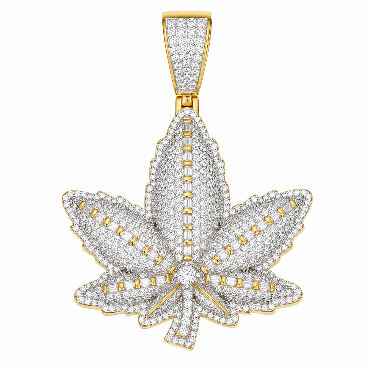 Baguette Moissanite Cannabis Leaf Pendant | 14K Gold Plated Over 925 Sterling Silver