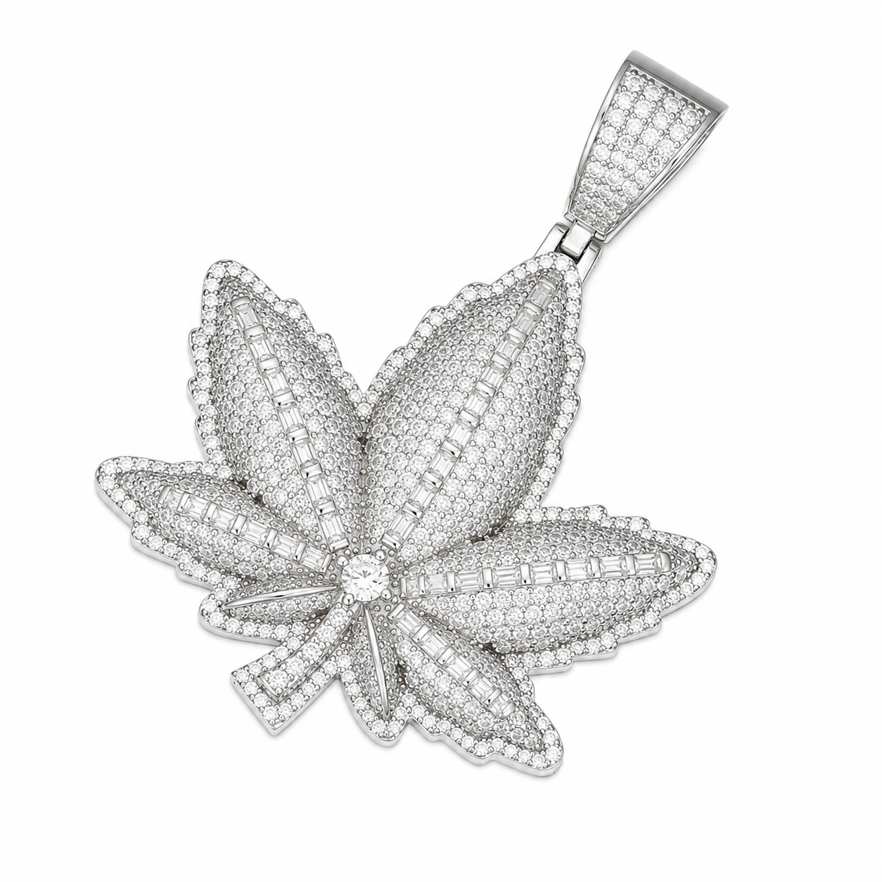 Baguette Moissanite Cannabis Leaf Pendant | 14K Gold Plated Over 925 Sterling Silver