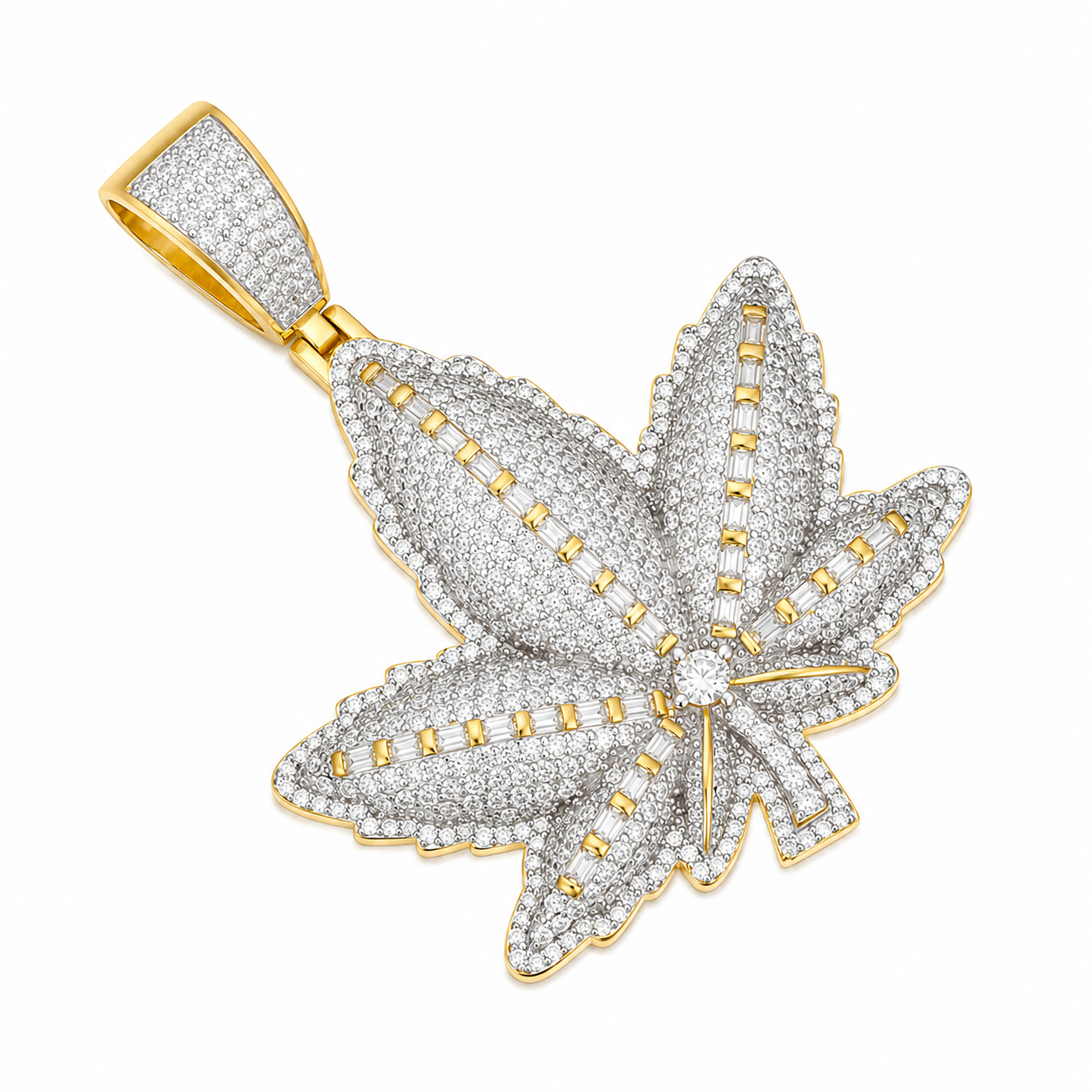 Baguette Moissanite Cannabis Leaf Pendant | 14K Gold Plated Over 925 Sterling Silver