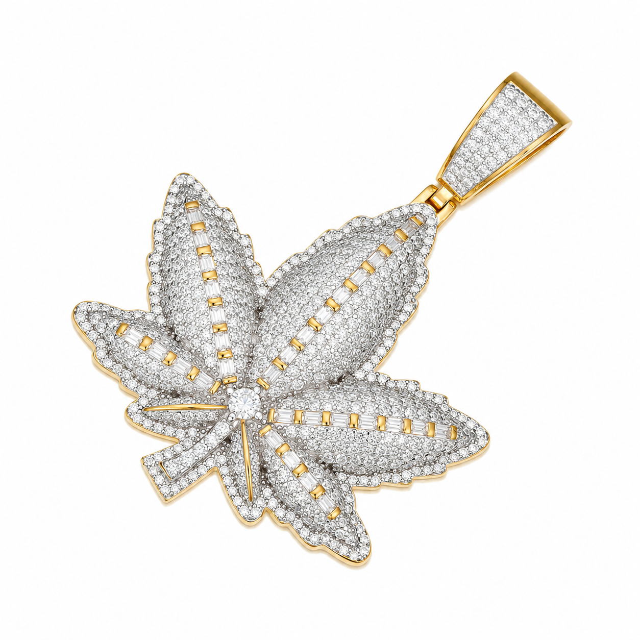 Baguette Moissanite Cannabis Leaf Pendant | 14K Gold Plated Over 925 Sterling Silver