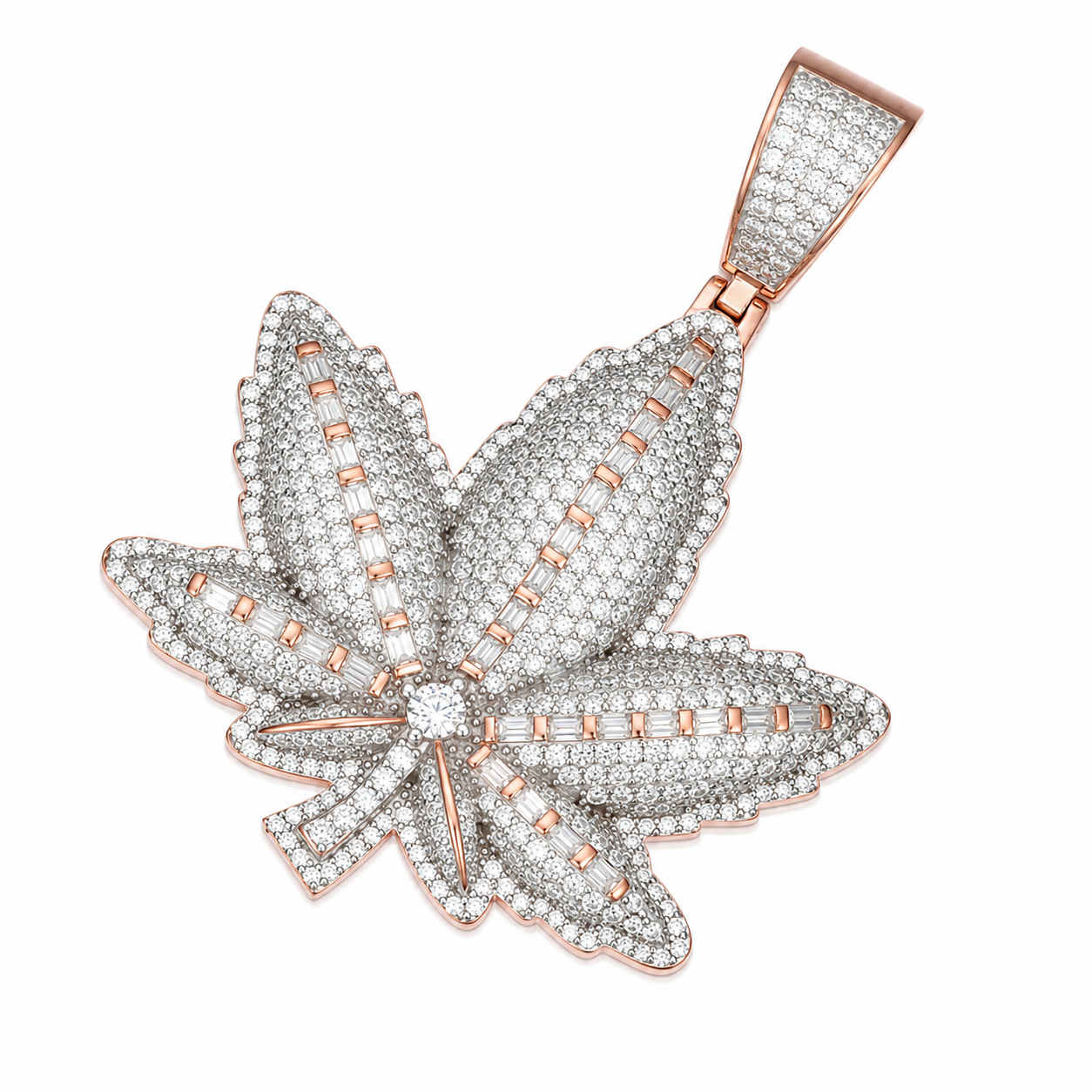 Baguette Moissanite Cannabis Leaf Pendant | 14K Gold Plated Over 925 Sterling Silver
