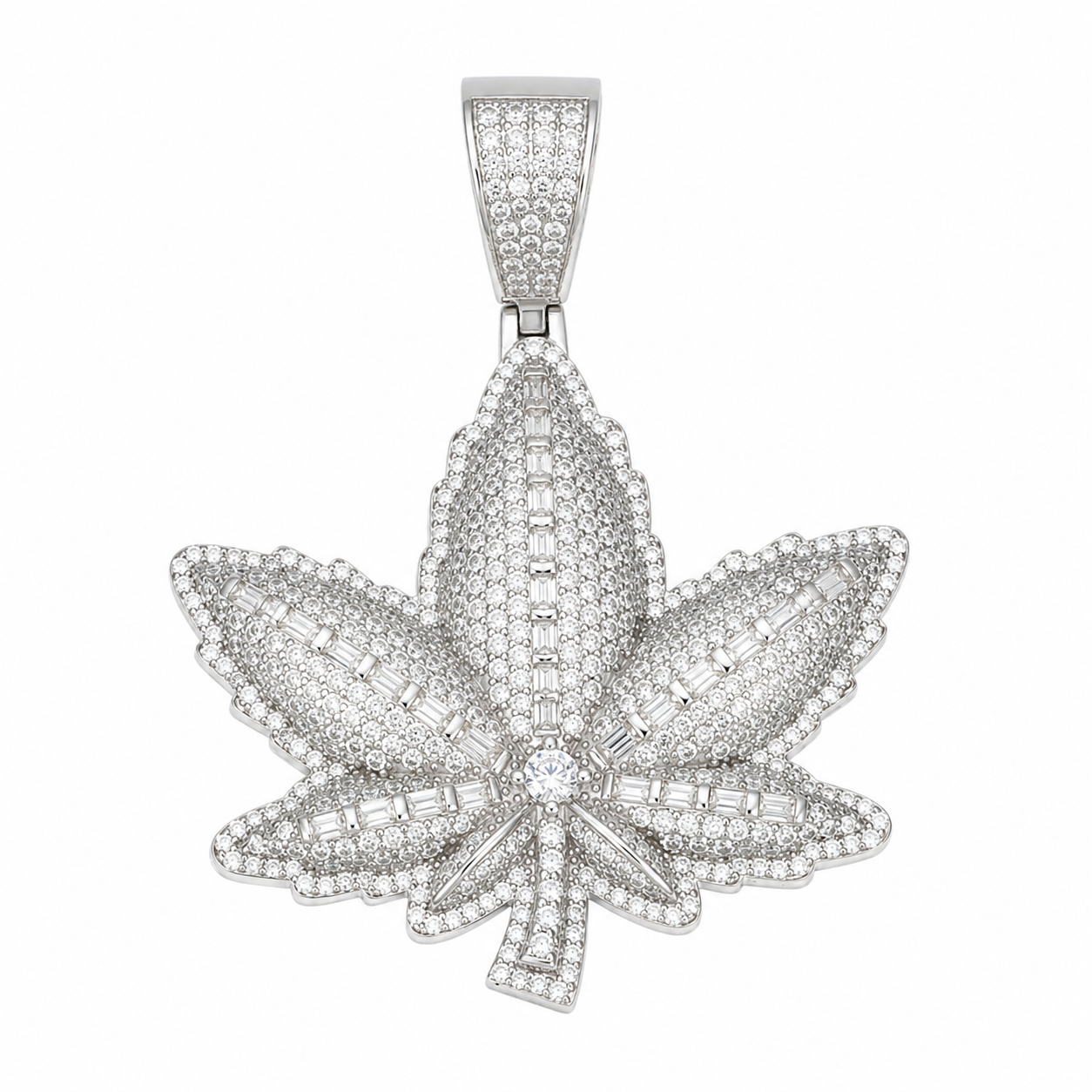 Baguette Moissanite Cannabis Leaf Pendant | 14K Gold Plated Over 925 Sterling Silver