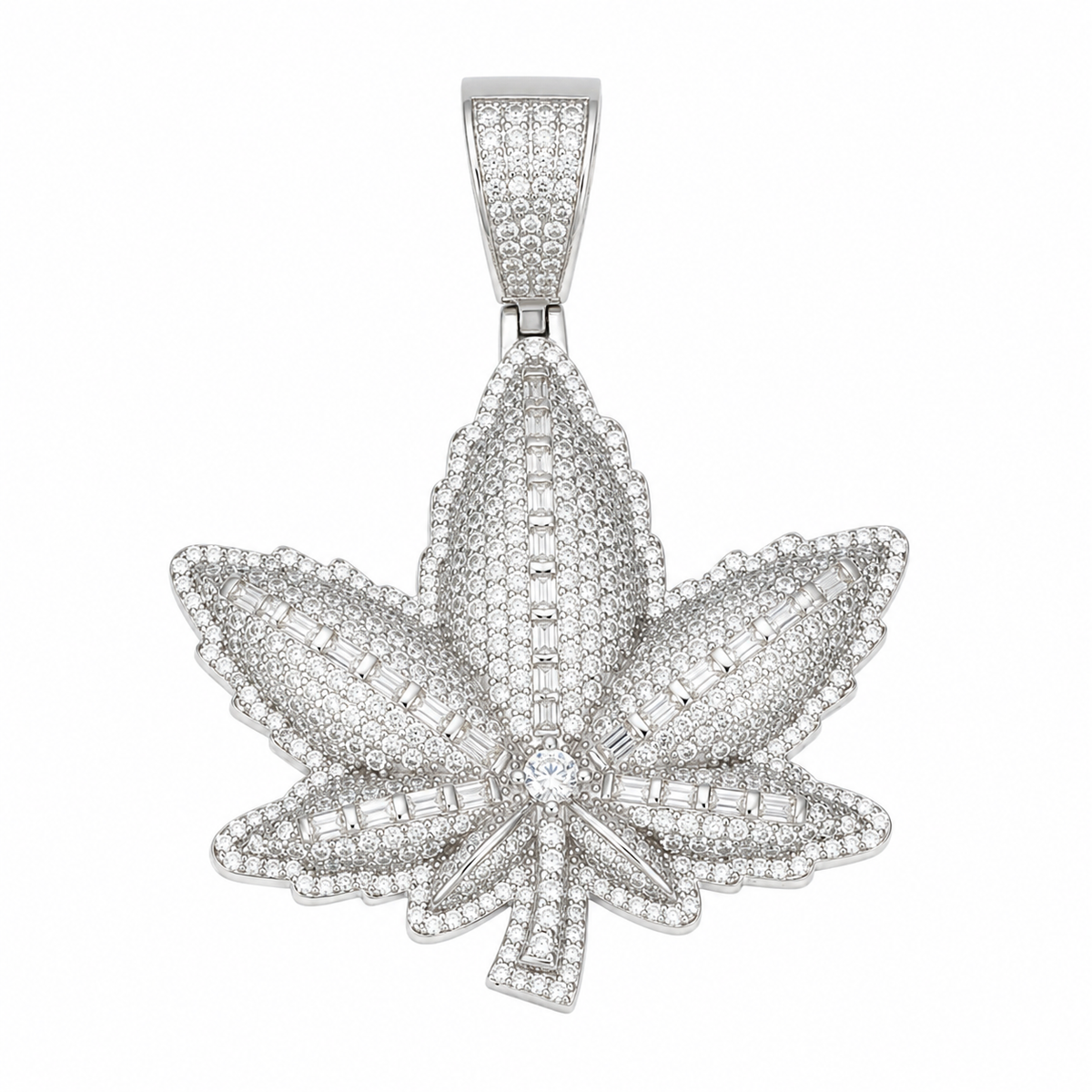 Baguette Moissanite Cannabis Leaf Pendant | 14K Gold Plated Over 925 Sterling Silver
