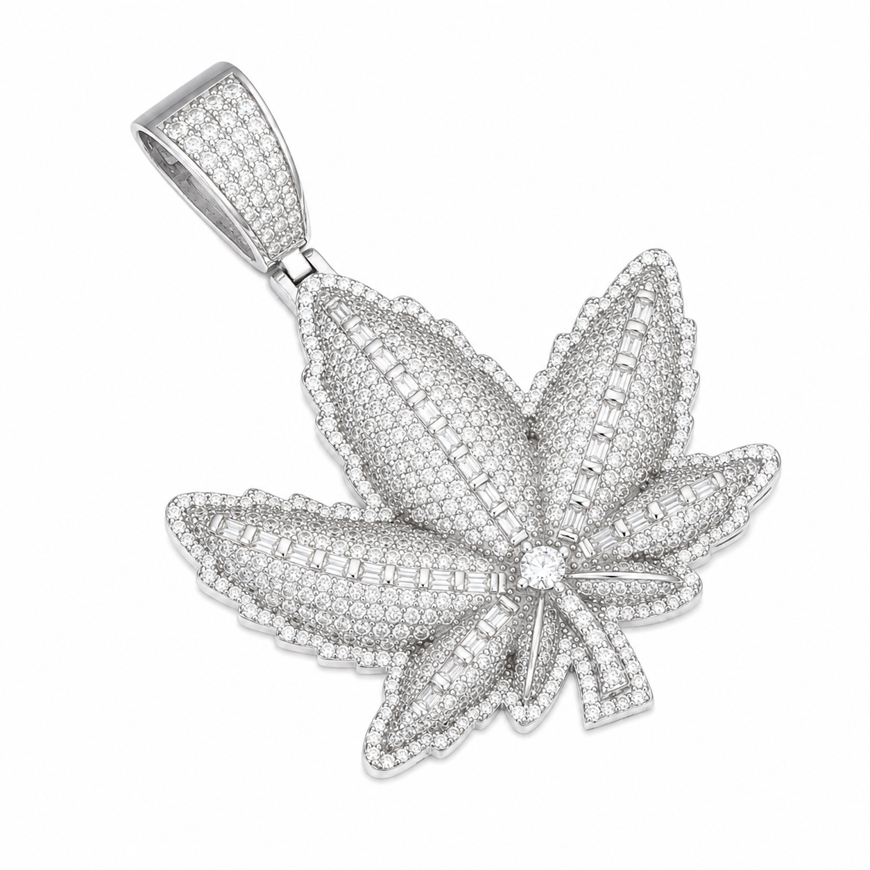 Baguette Moissanite Cannabis Leaf Pendant | 14K Gold Plated Over 925 Sterling Silver