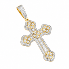 Baguette Moissanite Clover Cross Pendant  14K Gold Plated Over 925 Sterling Silver
