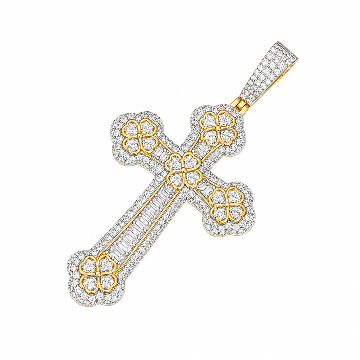 Baguette Moissanite Clover Cross Pendant  14K Gold Plated Over 925 Sterling Silver