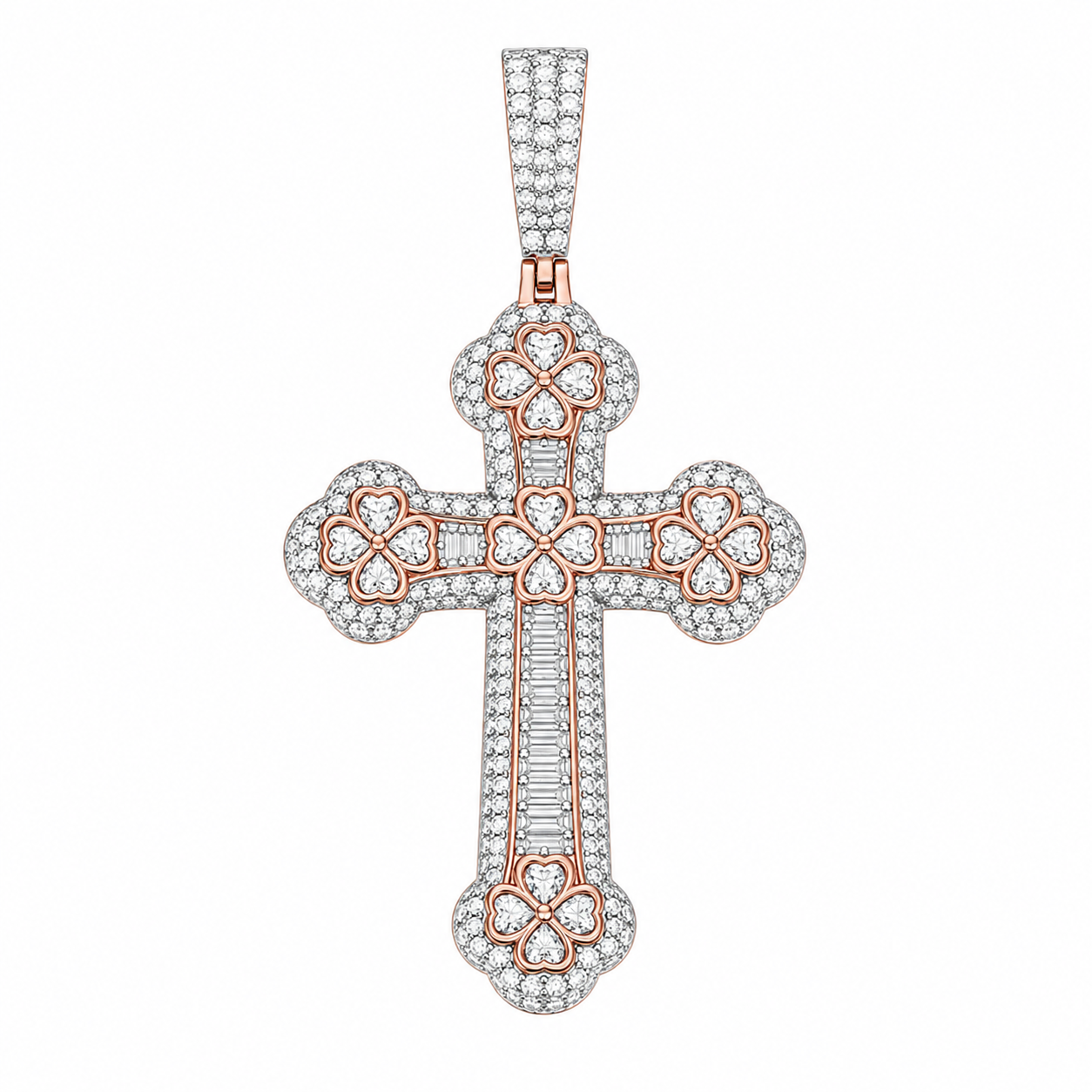 Baguette Moissanite Clover Cross Pendant  14K Gold Plated Over 925 Sterling Silver