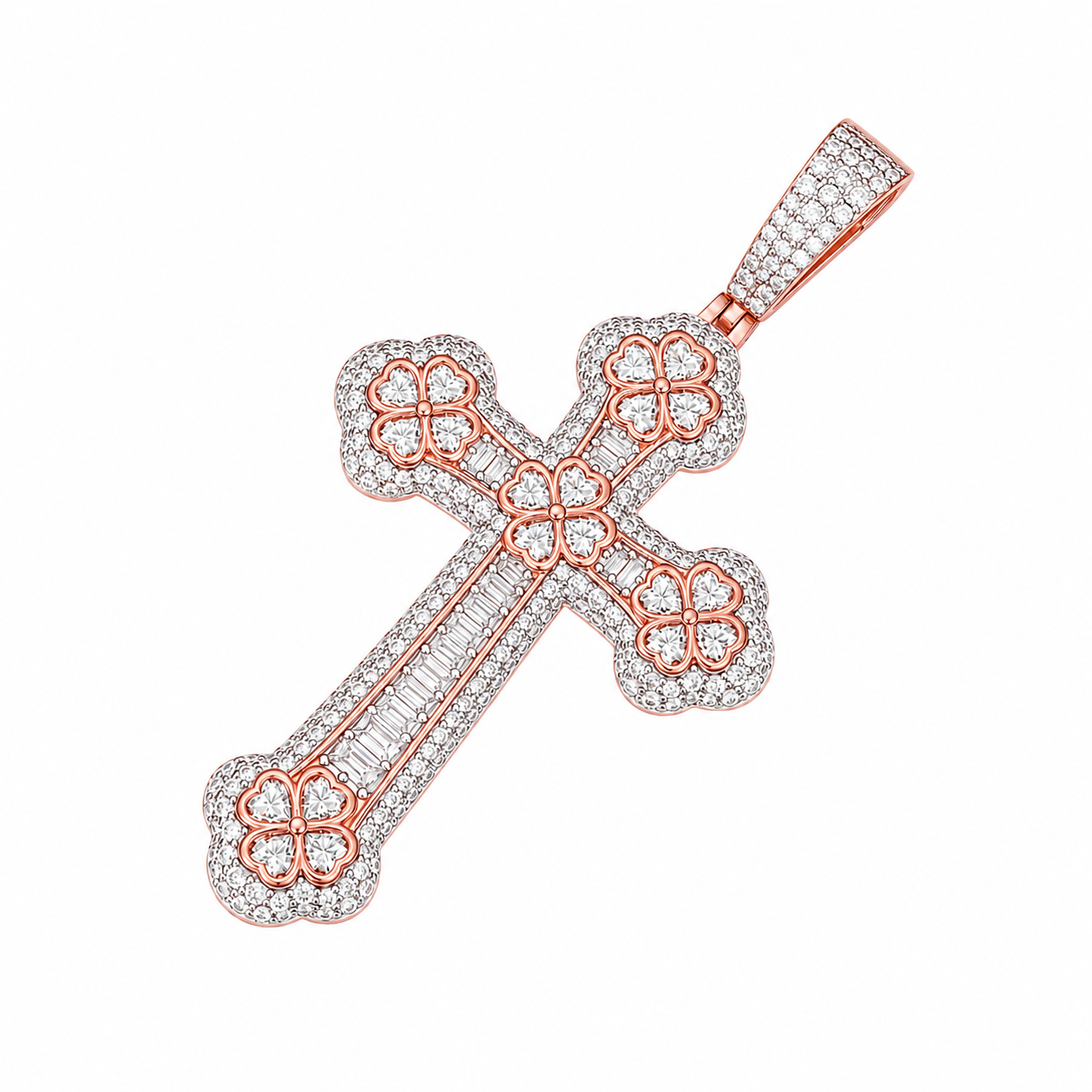 Baguette Moissanite Clover Cross Pendant  14K Gold Plated Over 925 Sterling Silver