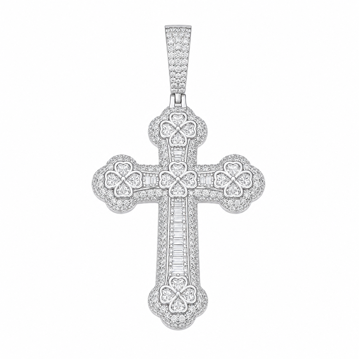 Baguette Moissanite Clover Cross Pendant  14K Gold Plated Over 925 Sterling Silver