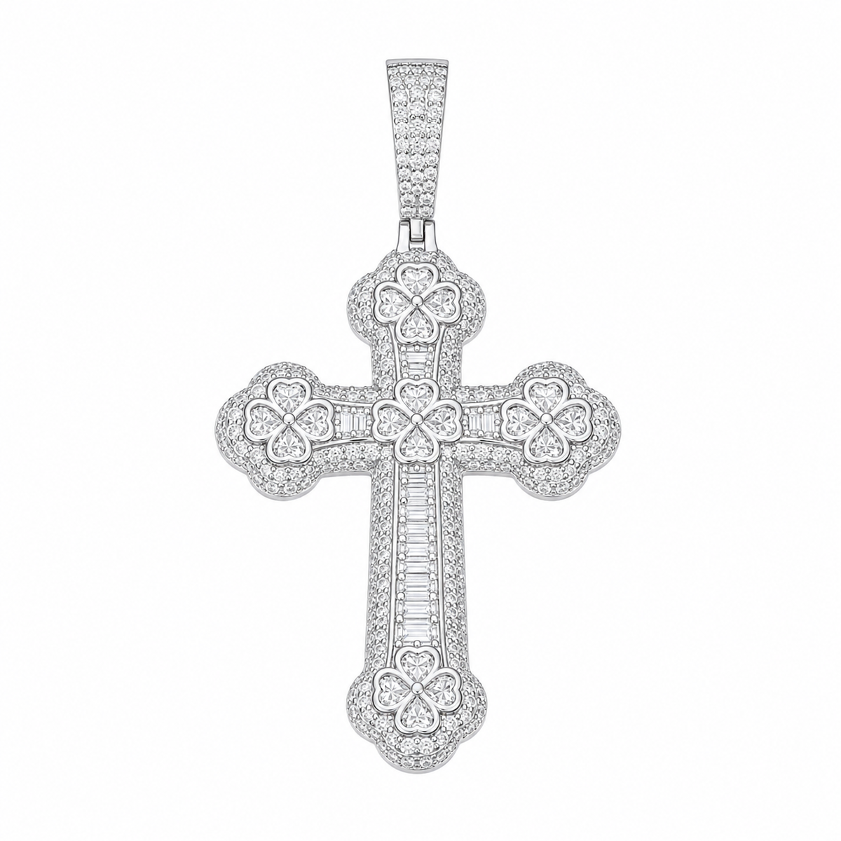 Baguette Moissanite Clover Cross Pendant  14K Gold Plated Over 925 Sterling Silver