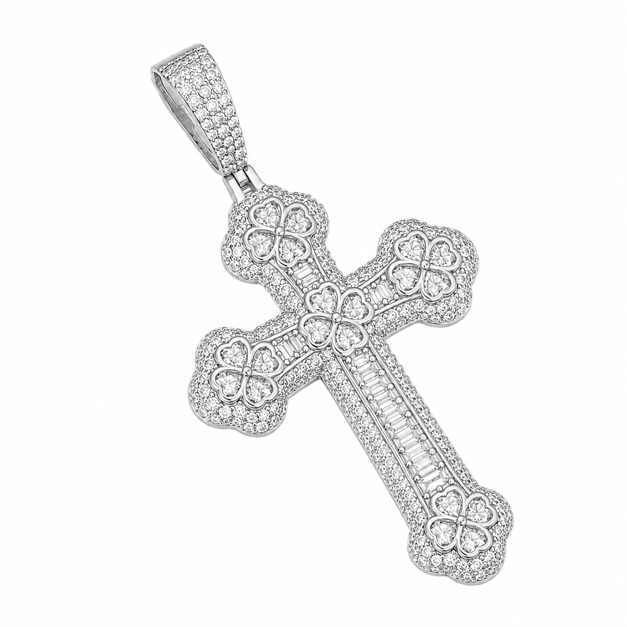 Baguette Moissanite Clover Cross Pendant  14K Gold Plated Over 925 Sterling Silver