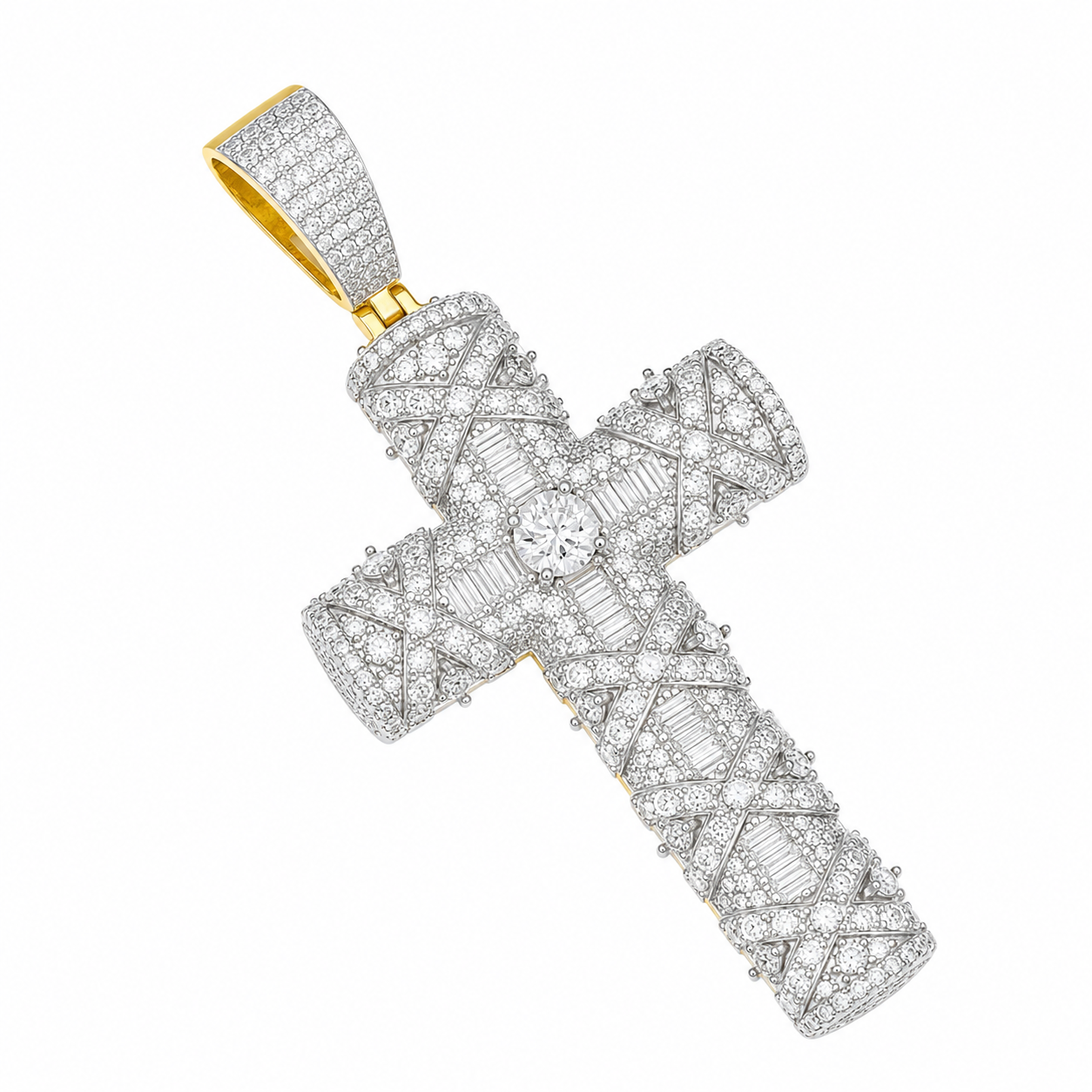 Baguette Moissanite Cross Pendant | 14K Gold Plated Over 925 Sterling Silver