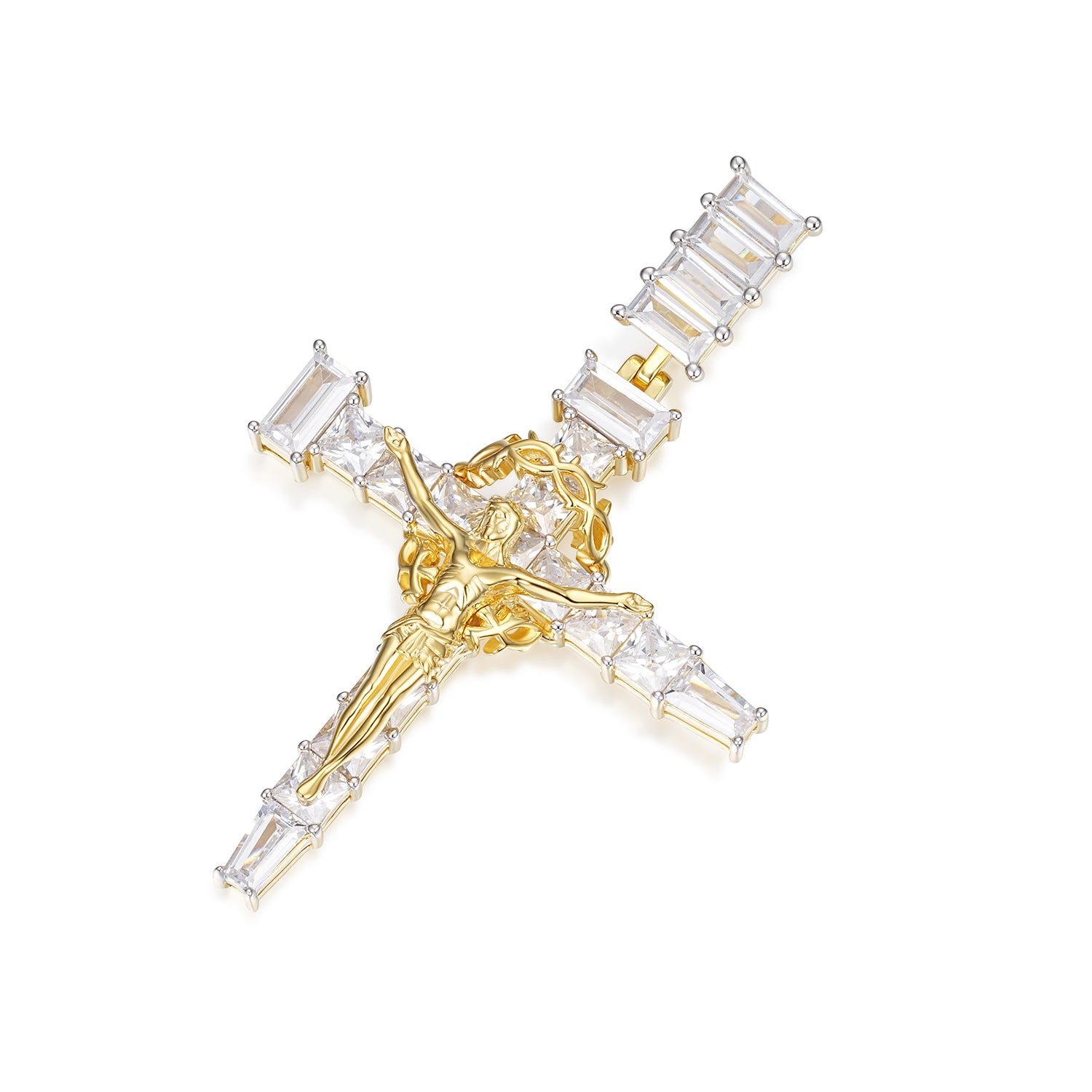 Baguette Moissanite Cross Pendant with Gold Jesus Figure