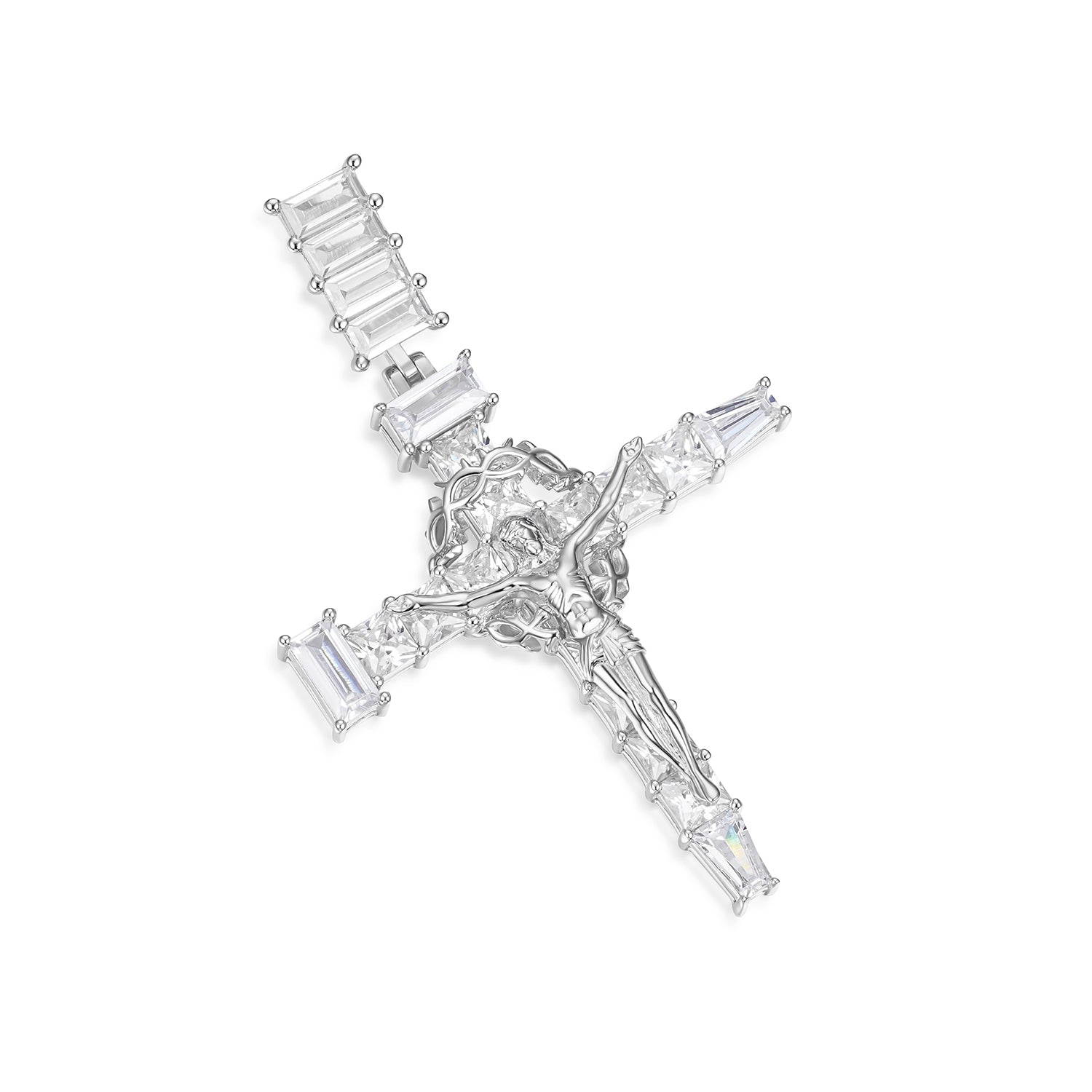 Baguette Moissanite Cross Pendant with Gold Jesus Figure
