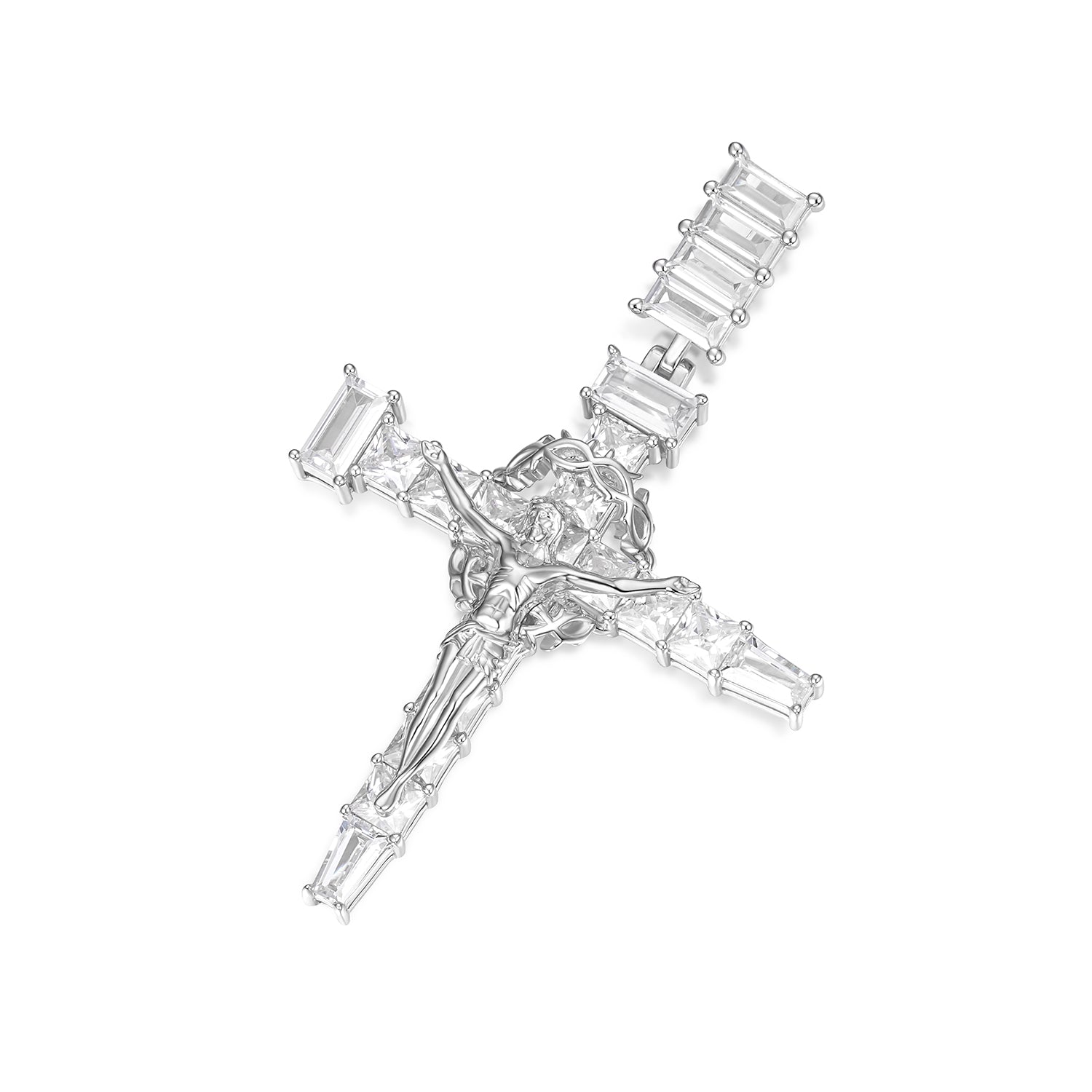 Baguette Moissanite Cross Pendant with Gold Jesus Figure
