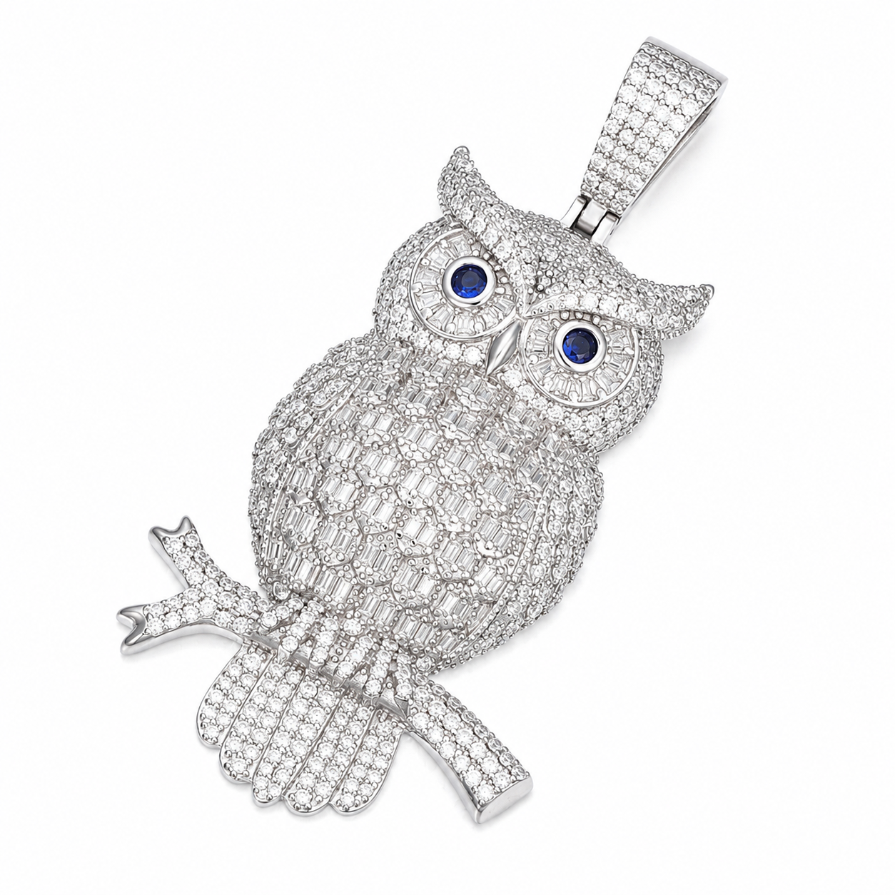 Baguette Moissanite Owl Pendant  14K Gold Plated Over 925 Sterling Silver