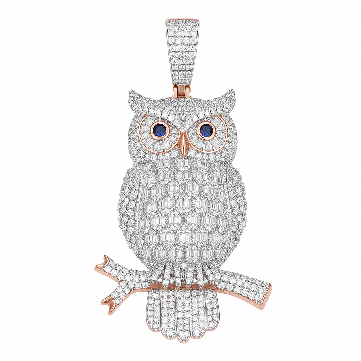 Baguette Moissanite Owl Pendant  14K Gold Plated Over 925 Sterling Silver