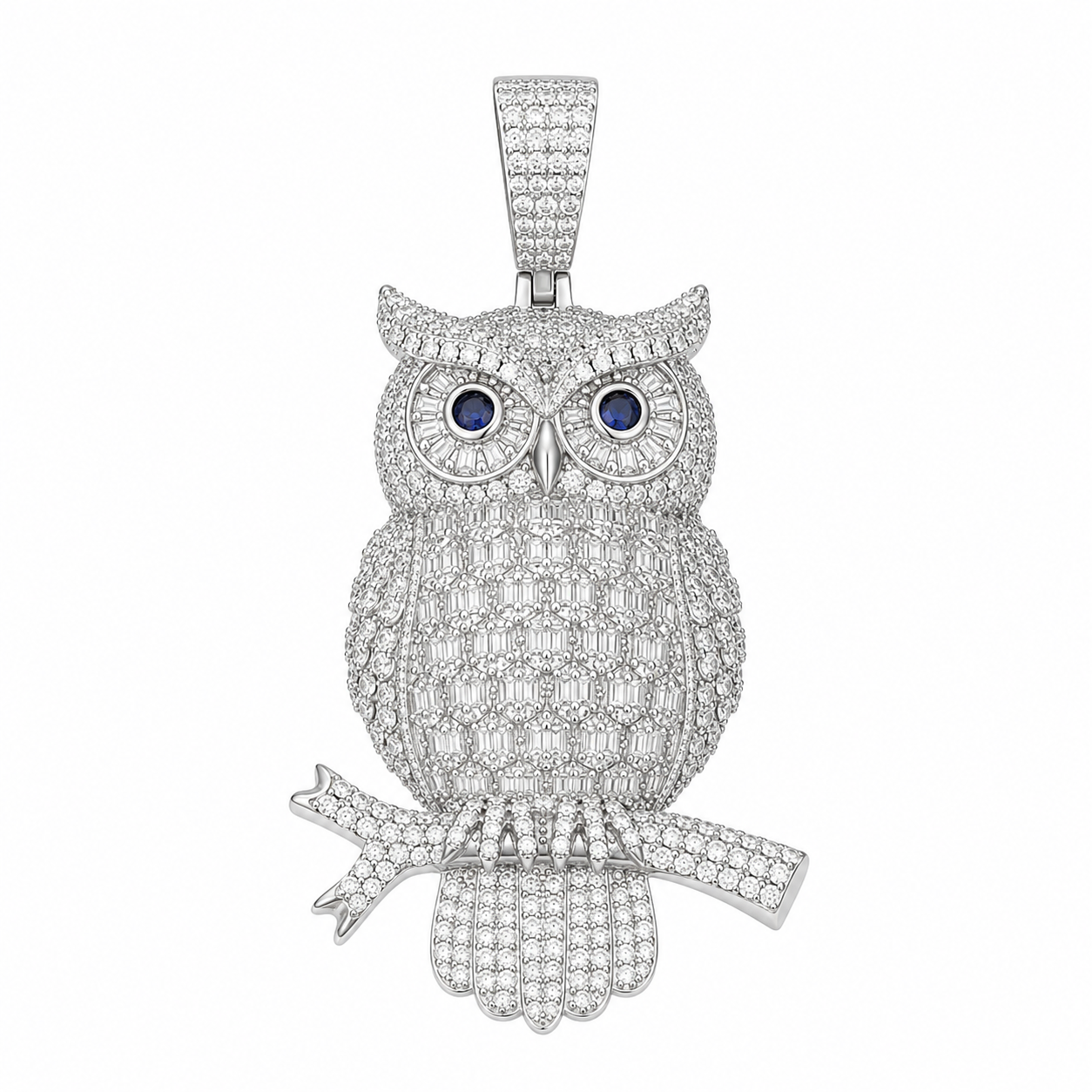 Baguette Moissanite Owl Pendant  14K Gold Plated Over 925 Sterling Silver