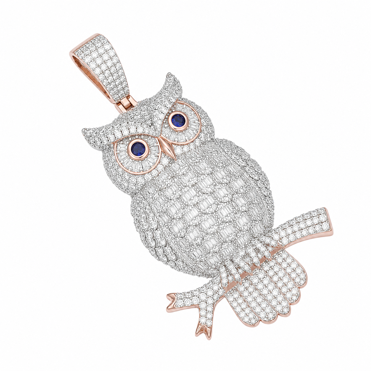 Baguette Moissanite Owl Pendant  14K Gold Plated Over 925 Sterling Silver