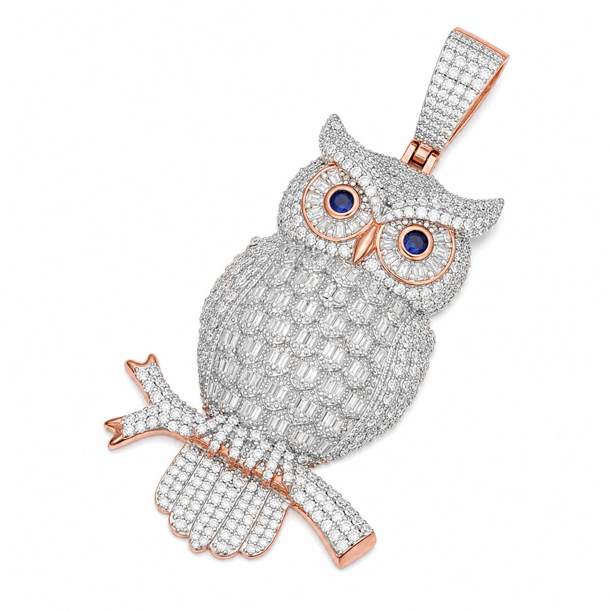 Baguette Moissanite Owl Pendant  14K Gold Plated Over 925 Sterling Silver