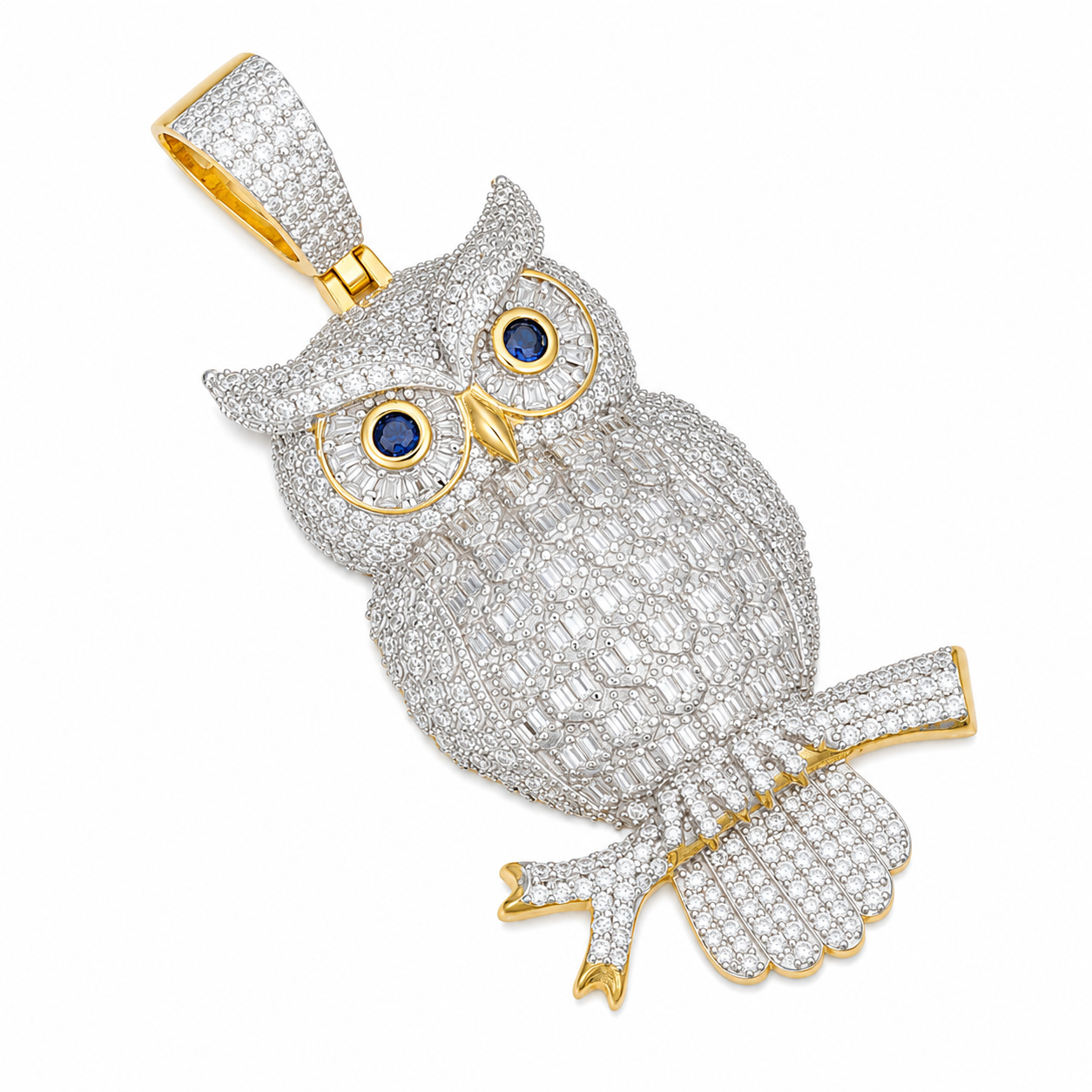 Baguette Moissanite Owl Pendant  14K Gold Plated Over 925 Sterling Silver