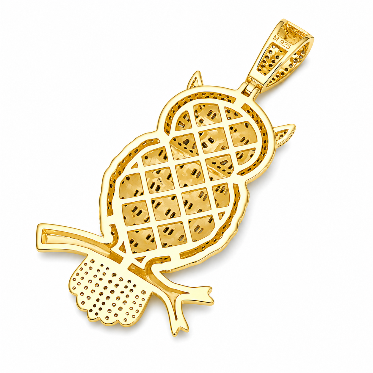 Baguette Moissanite Owl Pendant  14K Gold Plated Over 925 Sterling Silver