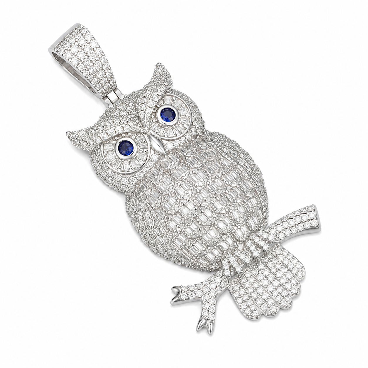 Baguette Moissanite Owl Pendant  14K Gold Plated Over 925 Sterling Silver