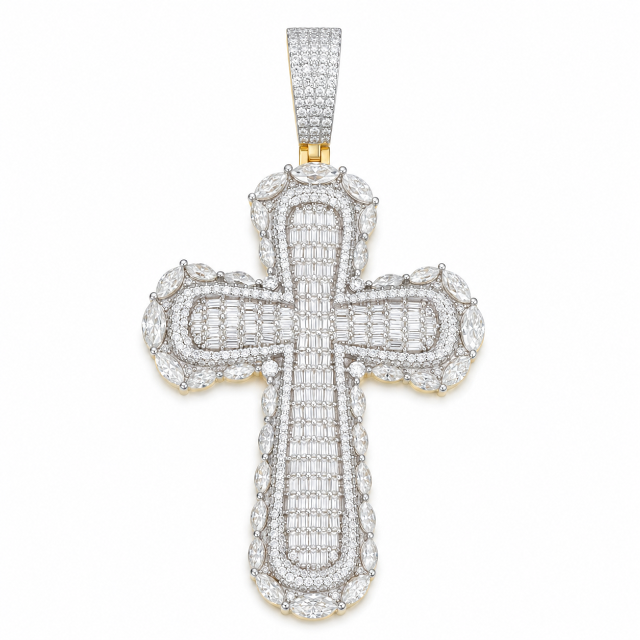 Baguette & Marquise Halo Moissanite Cross Pendant  14K Gold Plated Over 925 Sterling Silver