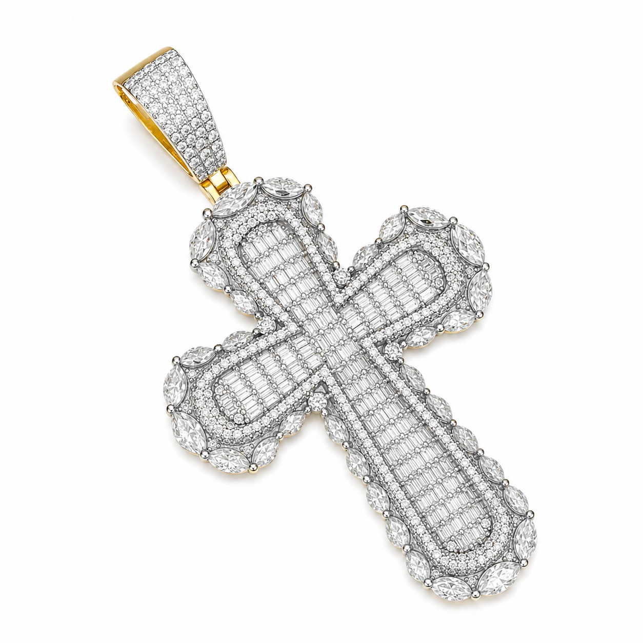 Baguette & Marquise Halo Moissanite Cross Pendant  14K Gold Plated Over 925 Sterling Silver