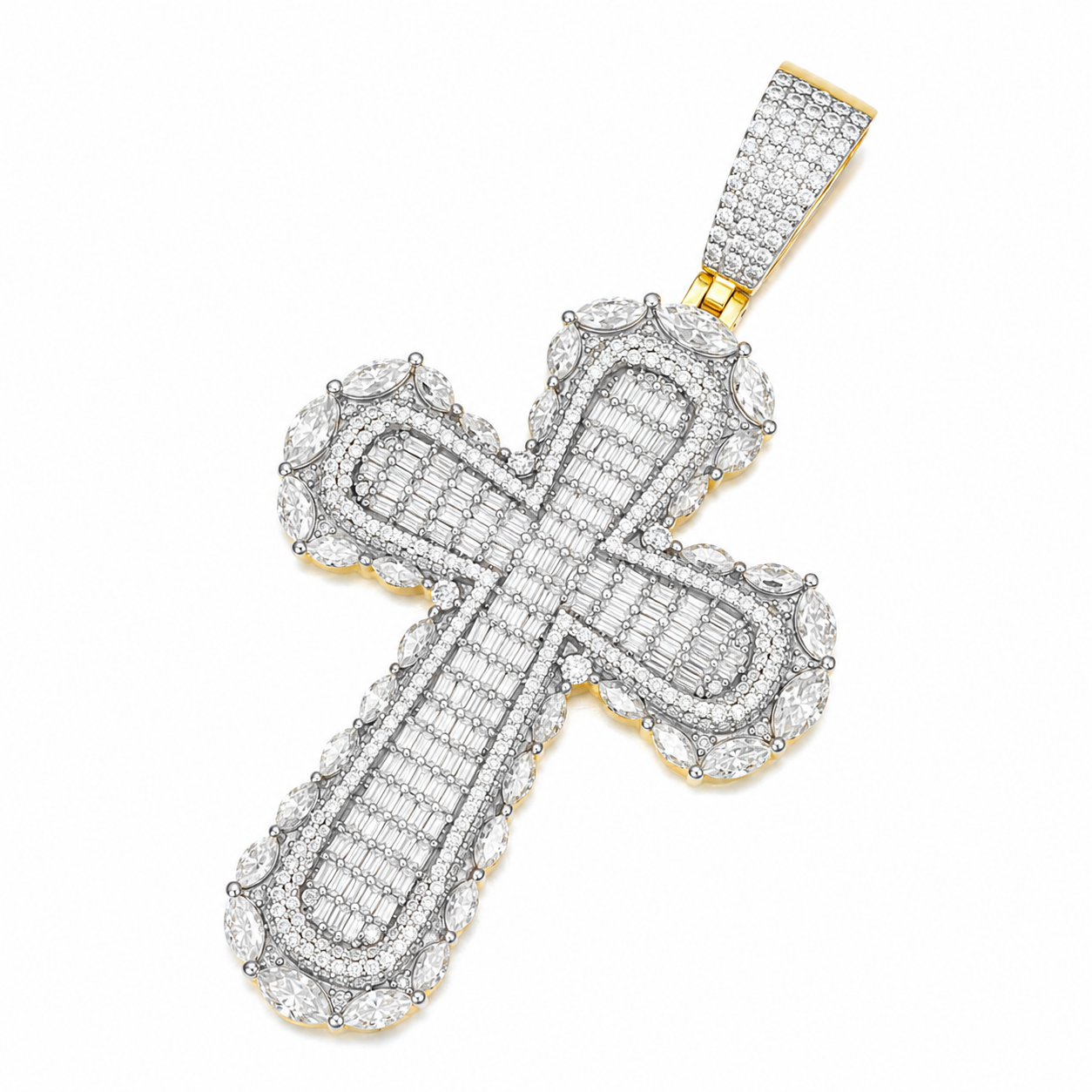 Baguette & Marquise Halo Moissanite Cross Pendant  14K Gold Plated Over 925 Sterling Silver