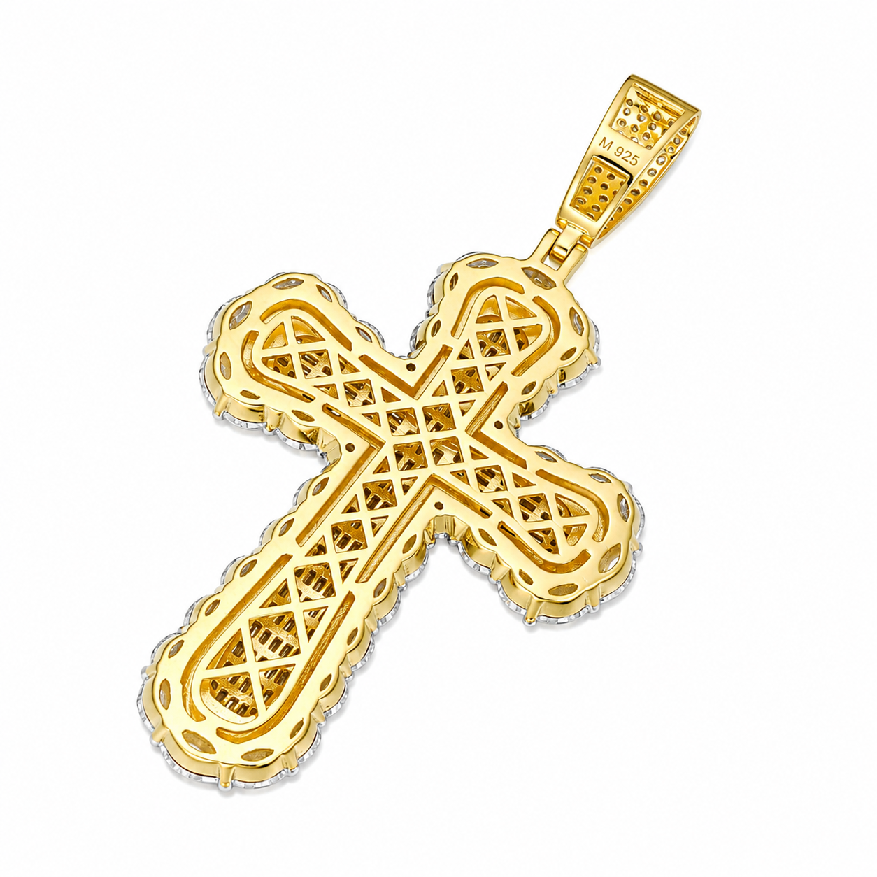 Baguette & Marquise Halo Moissanite Cross Pendant  14K Gold Plated Over 925 Sterling Silver