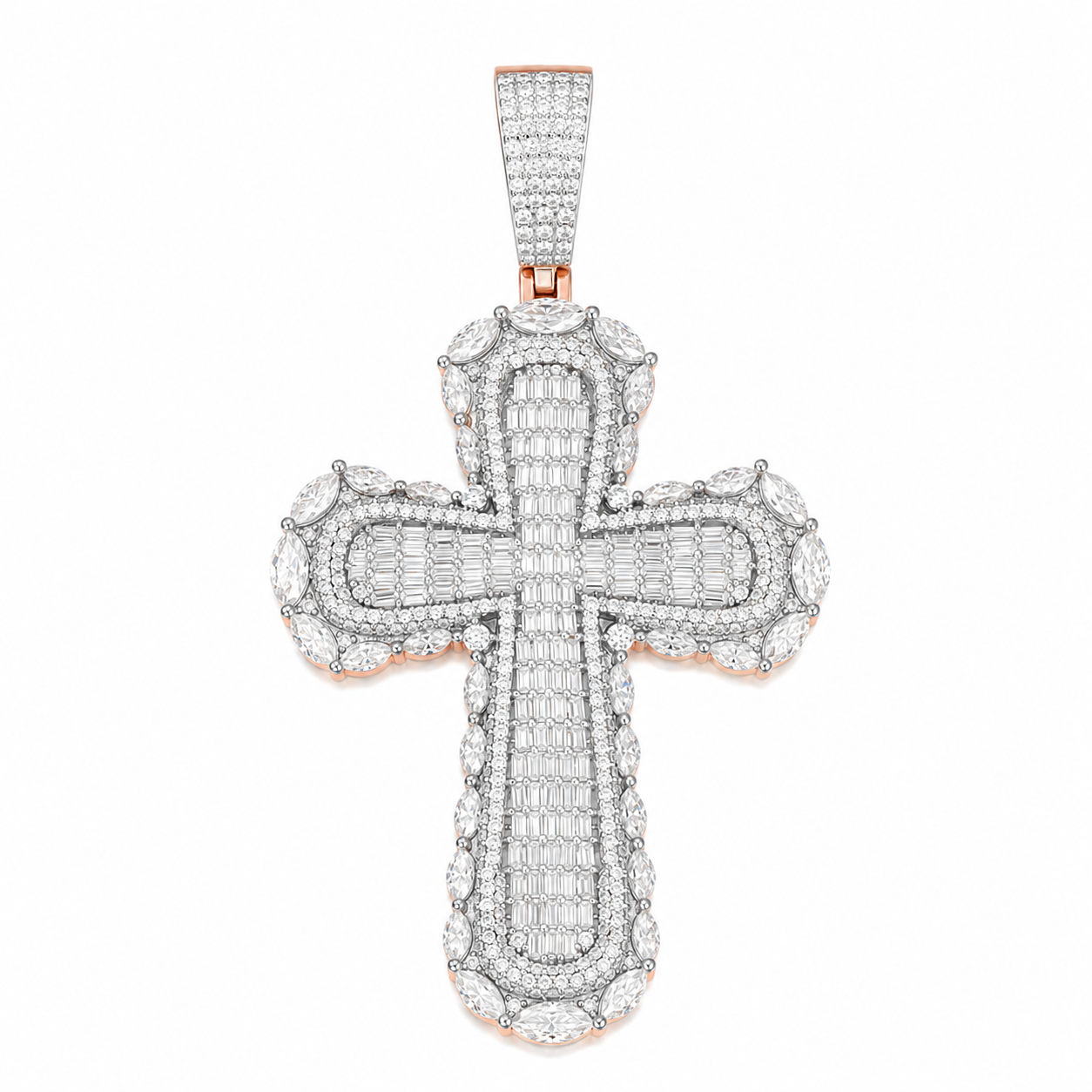 Baguette & Marquise Halo Moissanite Cross Pendant  14K Gold Plated Over 925 Sterling Silver