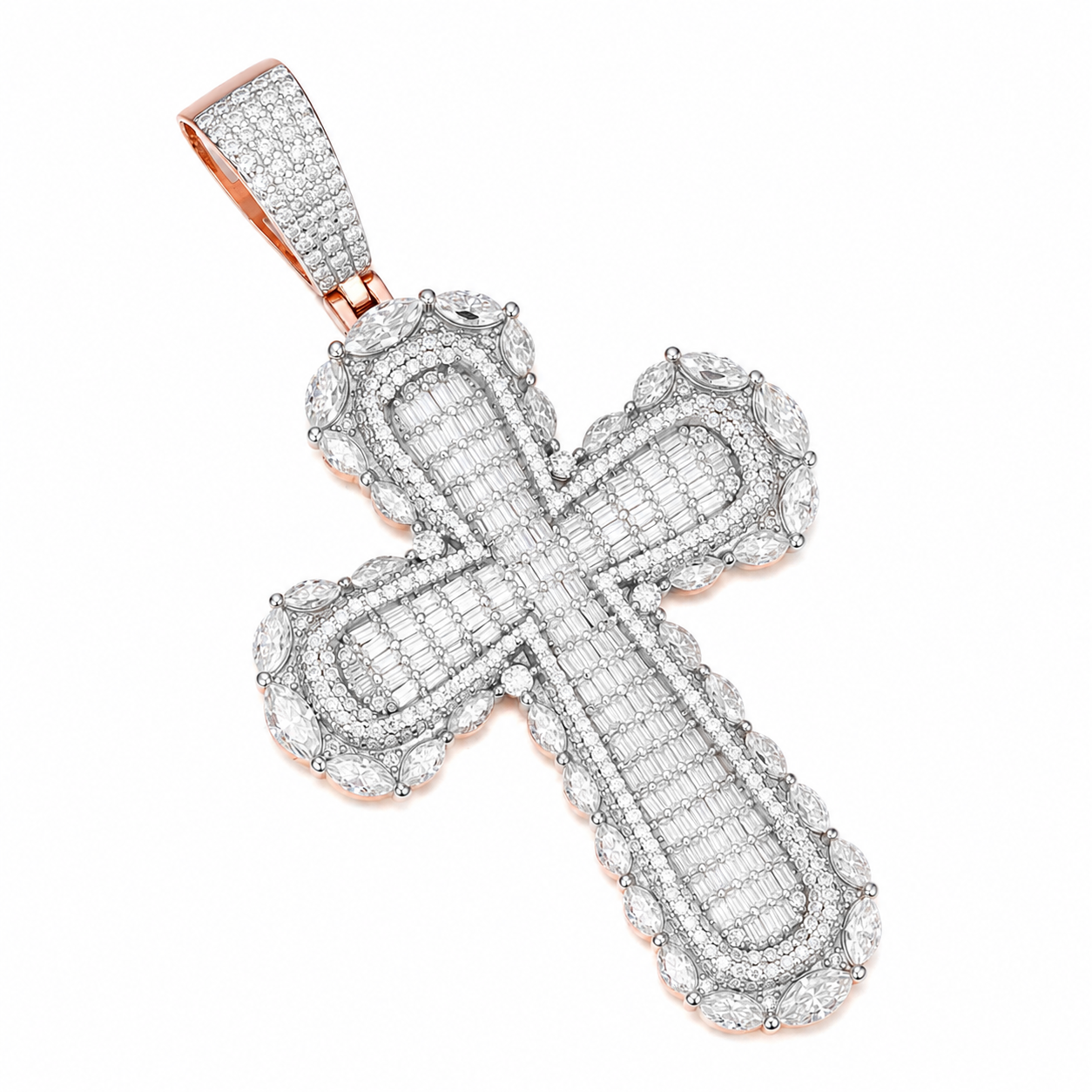 Baguette & Marquise Halo Moissanite Cross Pendant  14K Gold Plated Over 925 Sterling Silver