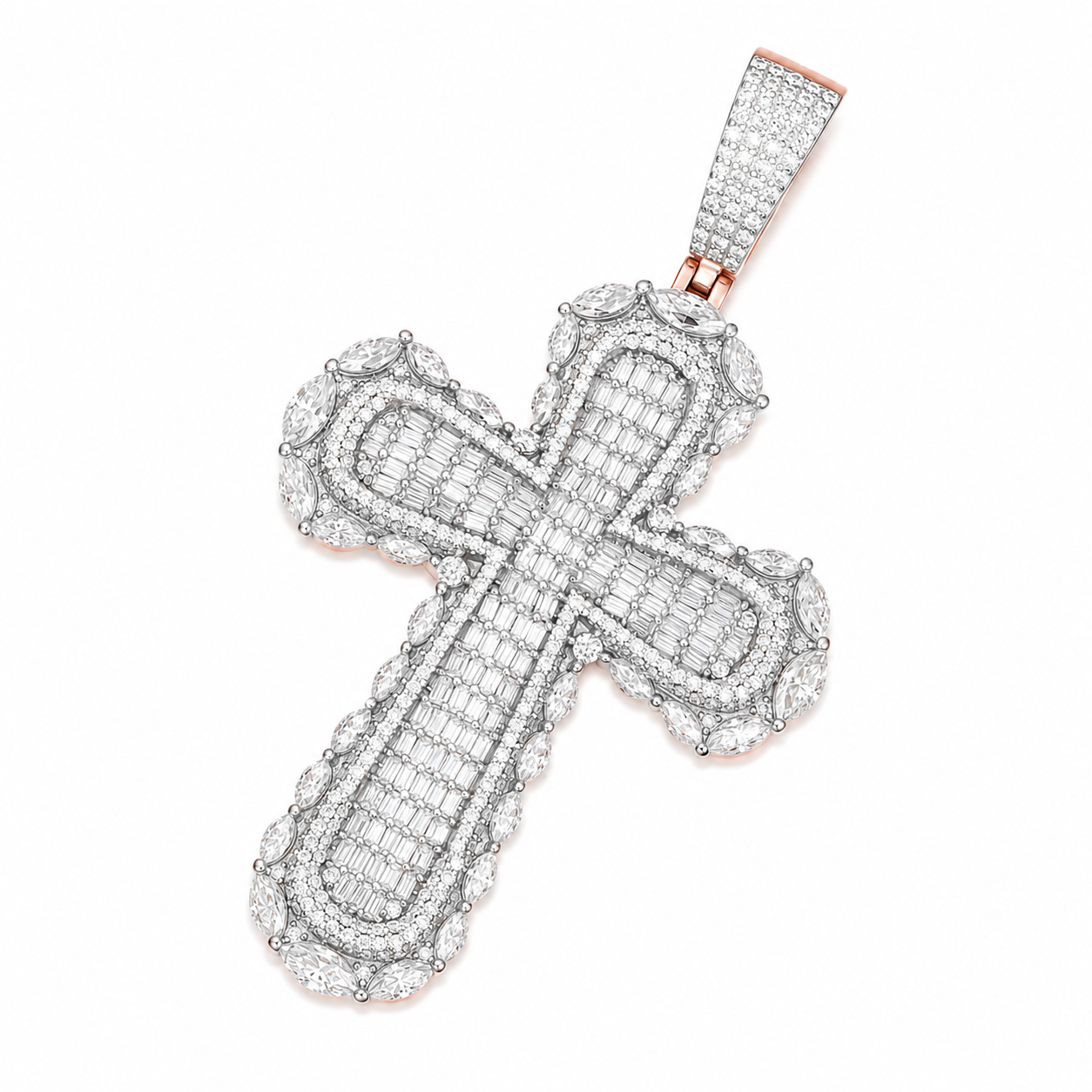 Baguette & Marquise Halo Moissanite Cross Pendant  14K Gold Plated Over 925 Sterling Silver