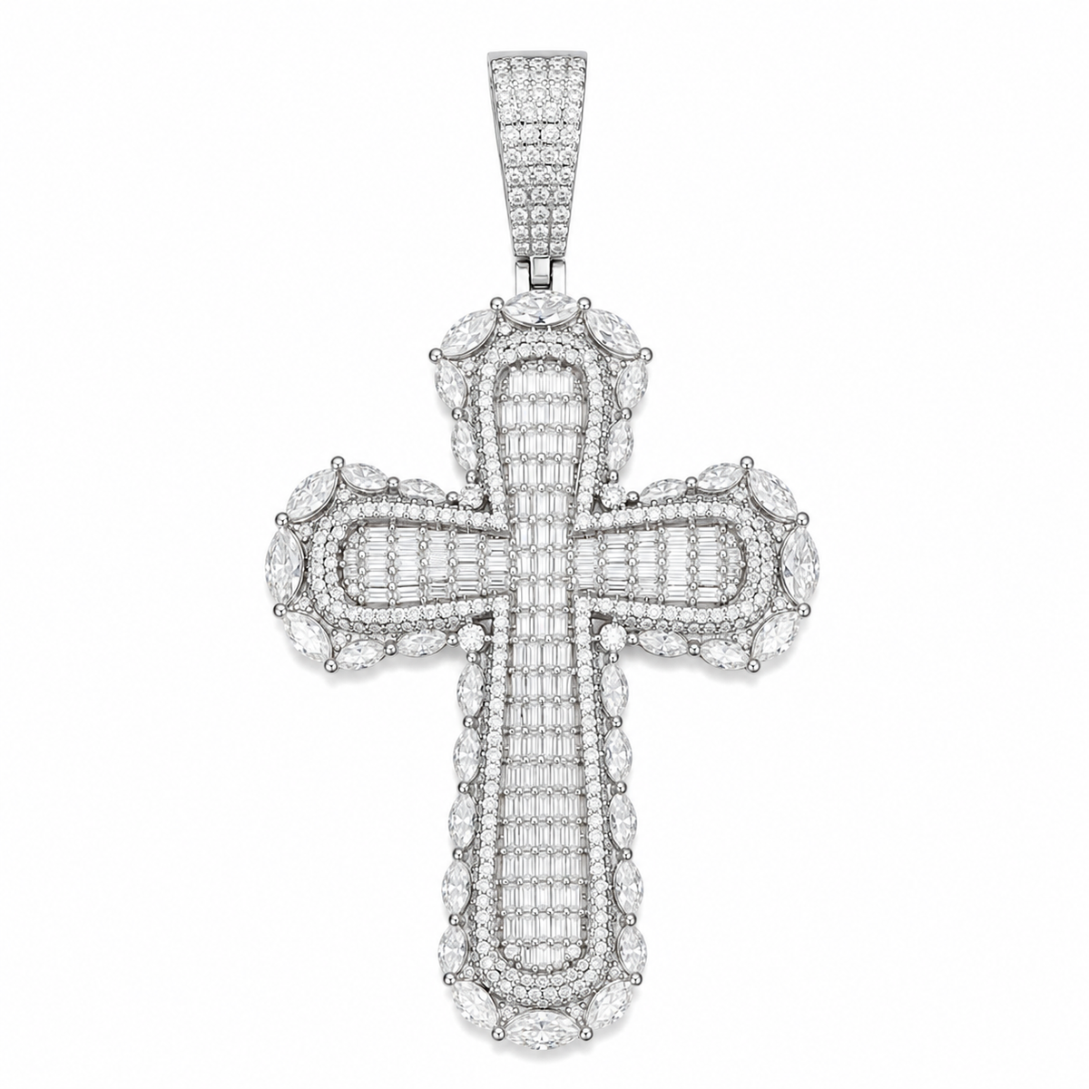 Baguette & Marquise Halo Moissanite Cross Pendant  14K Gold Plated Over 925 Sterling Silver
