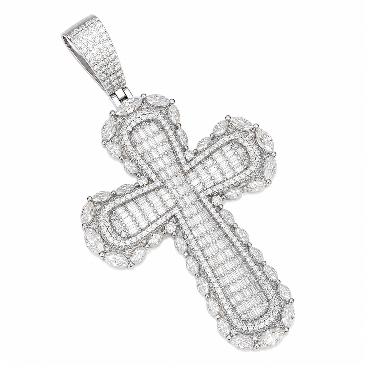 Baguette & Marquise Halo Moissanite Cross Pendant  14K Gold Plated Over 925 Sterling Silver