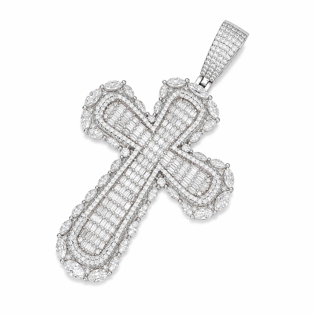 Baguette & Marquise Halo Moissanite Cross Pendant  14K Gold Plated Over 925 Sterling Silver