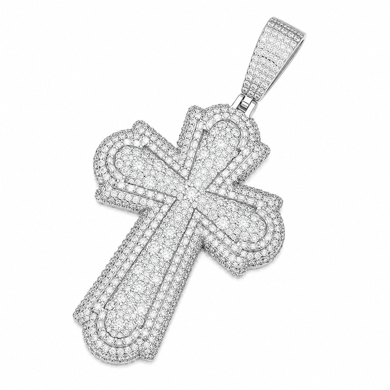 Classic Cathedral Moissanite Cross Pendant  14K Gold Plated Over 925 Sterling Silver