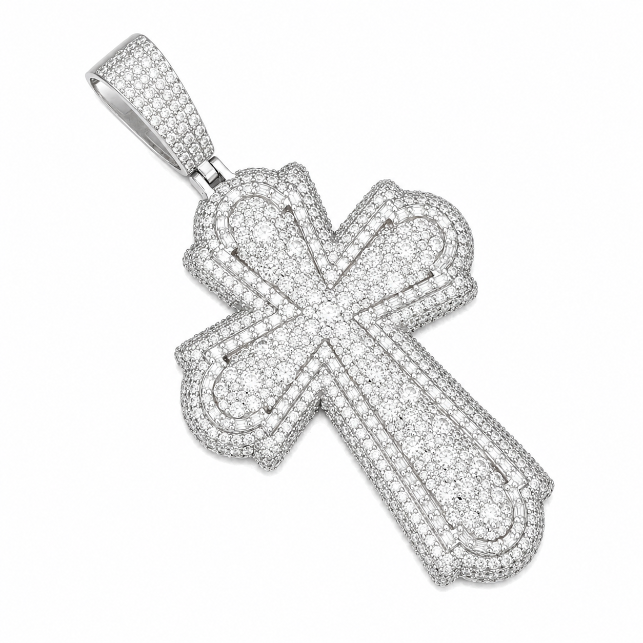 Classic Cathedral Moissanite Cross Pendant  14K Gold Plated Over 925 Sterling Silver