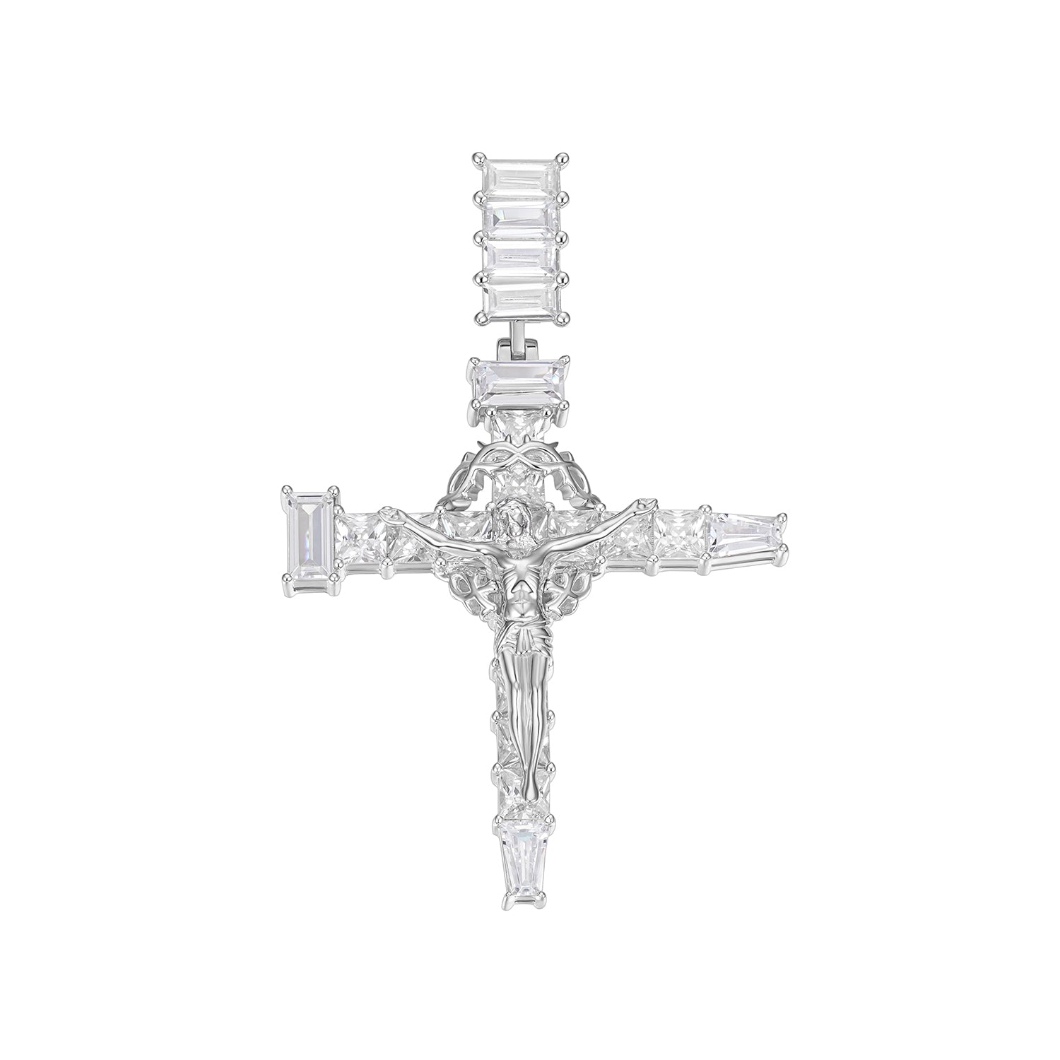 Baguette Moissanite Cross Pendant with Gold Jesus Figure
