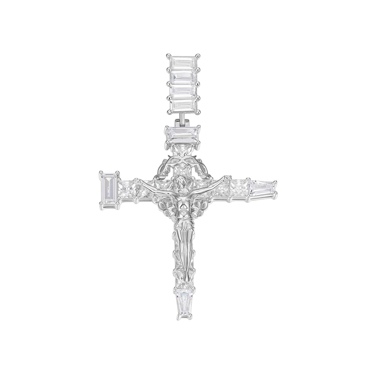 Baguette Moissanite Cross Pendant with Gold Jesus Figure