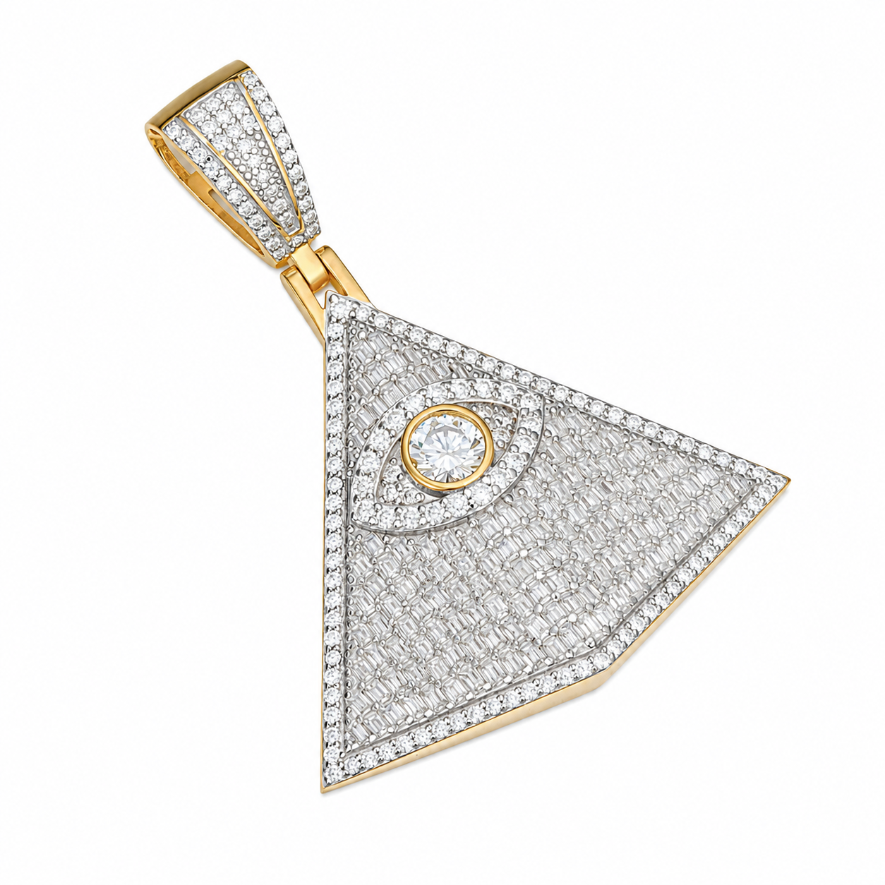 Eye of Providence Moissanite Pyramid Pendant  14K Gold Plated Over 925 Sterling Silver