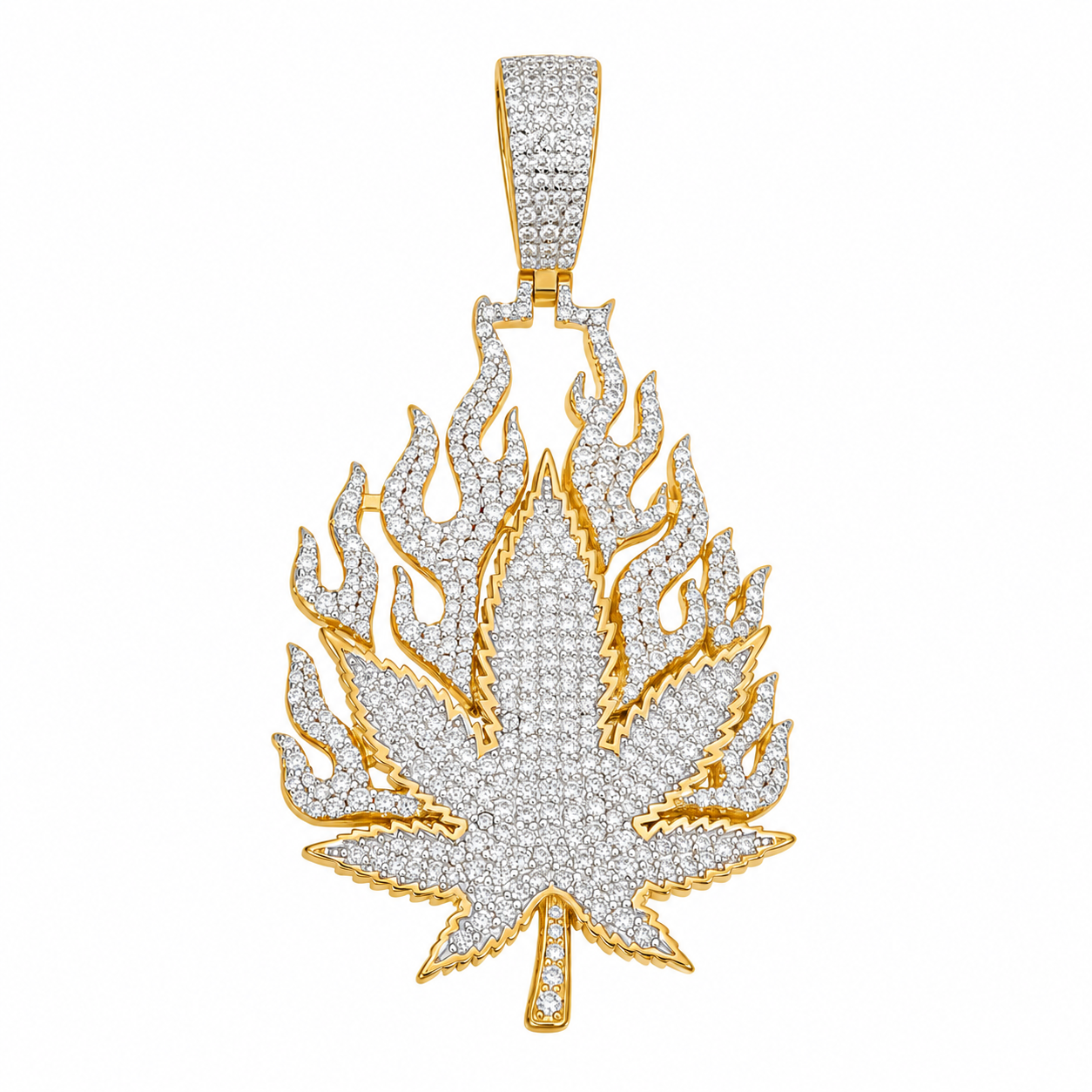 Flame Cannabis Leaf Moissanite Pendant  14K Gold Plated Over 925 Sterling Silver
